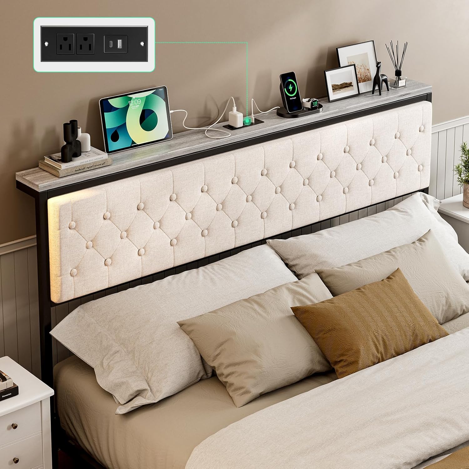 IKIFLY King Headboard with Storage and Charging Station, Upholstered King Size Storage Headboard Only with Bed Frame Brackets Adapter, Button Tufted Design, Easy Assembly, Beige