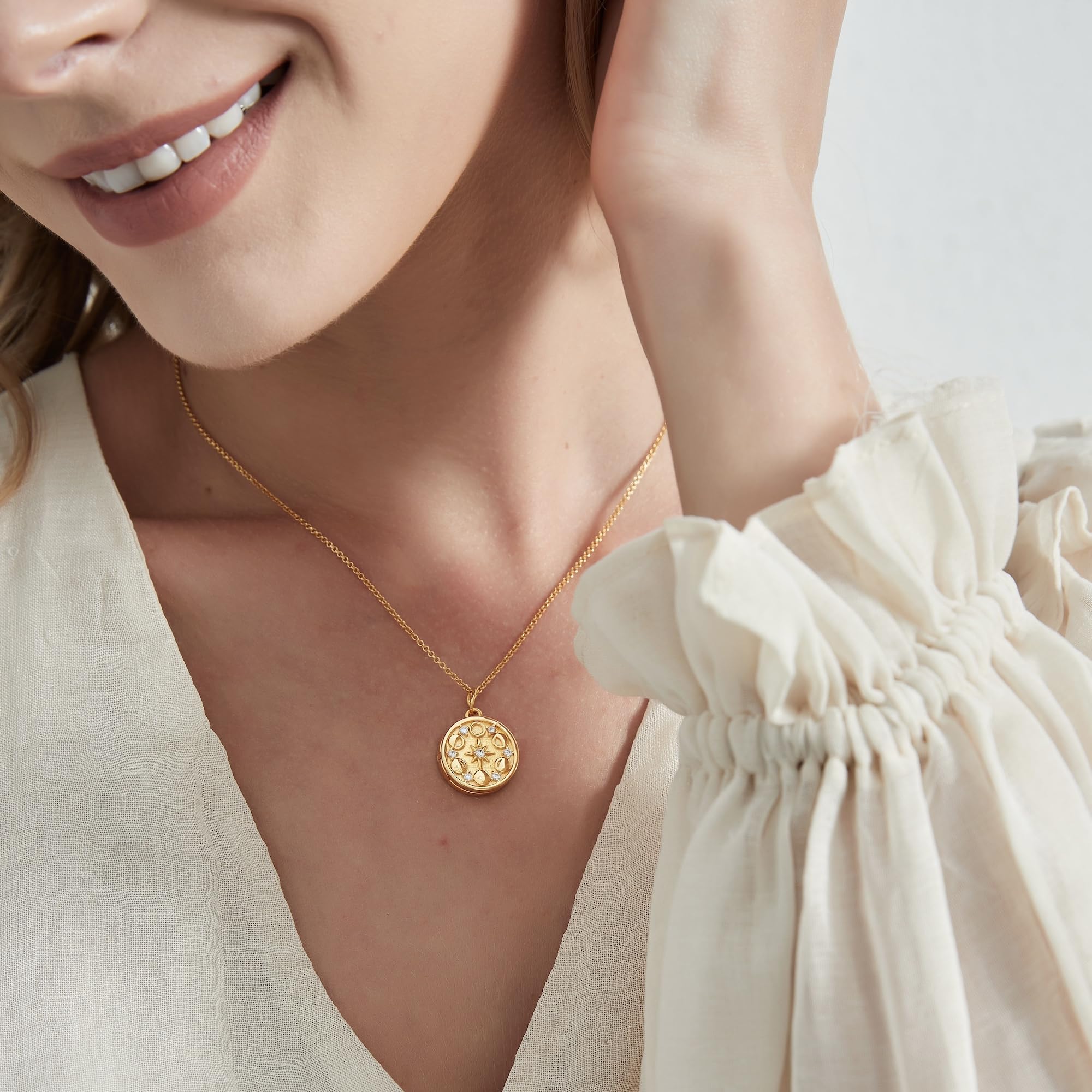 PERIMADE Collana con medaglione a forma di fase lunare personalizzata con immagine all'interno, ciondolo medaglione personalizzato che contiene foto, collana commemorativa con messaggio di testo