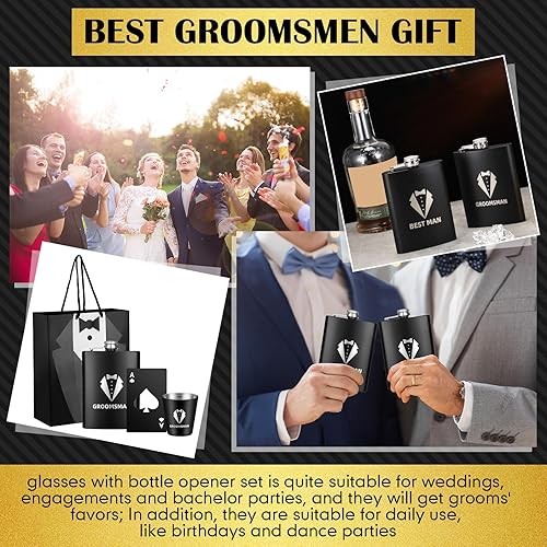 Miniatura 7 de Juego de 32 piezas de regalo para padrinos de boda, 8 bolsas de regalo para padrinos de boda, 8 onzas, de acero inoxidable, esmoquin, frasco de