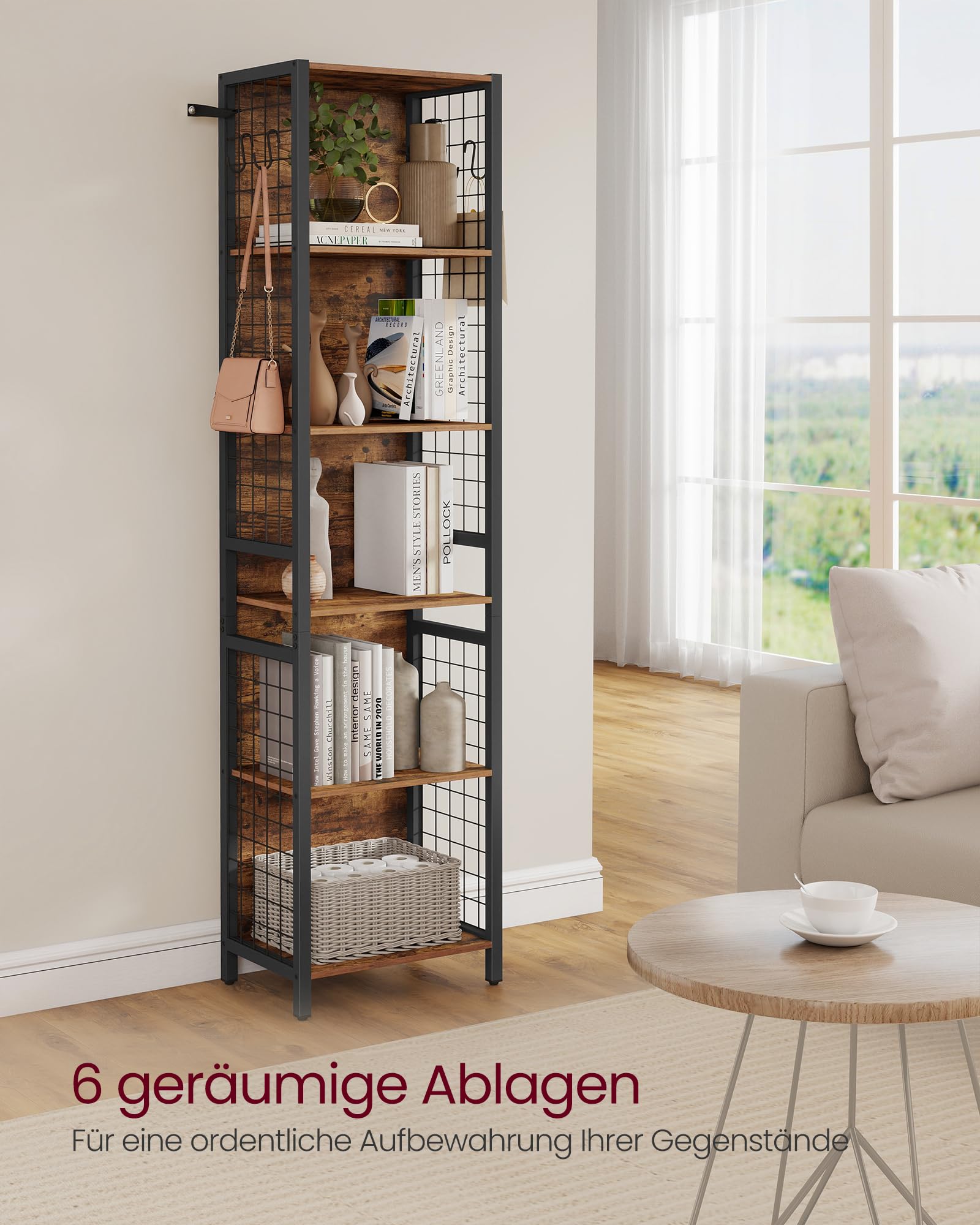 VASAGLE Bücherregal Standregal mit 6 Ablagen 30 x 40 x 175,6 cm vintagebraun-tintenschwarz LLS170K01