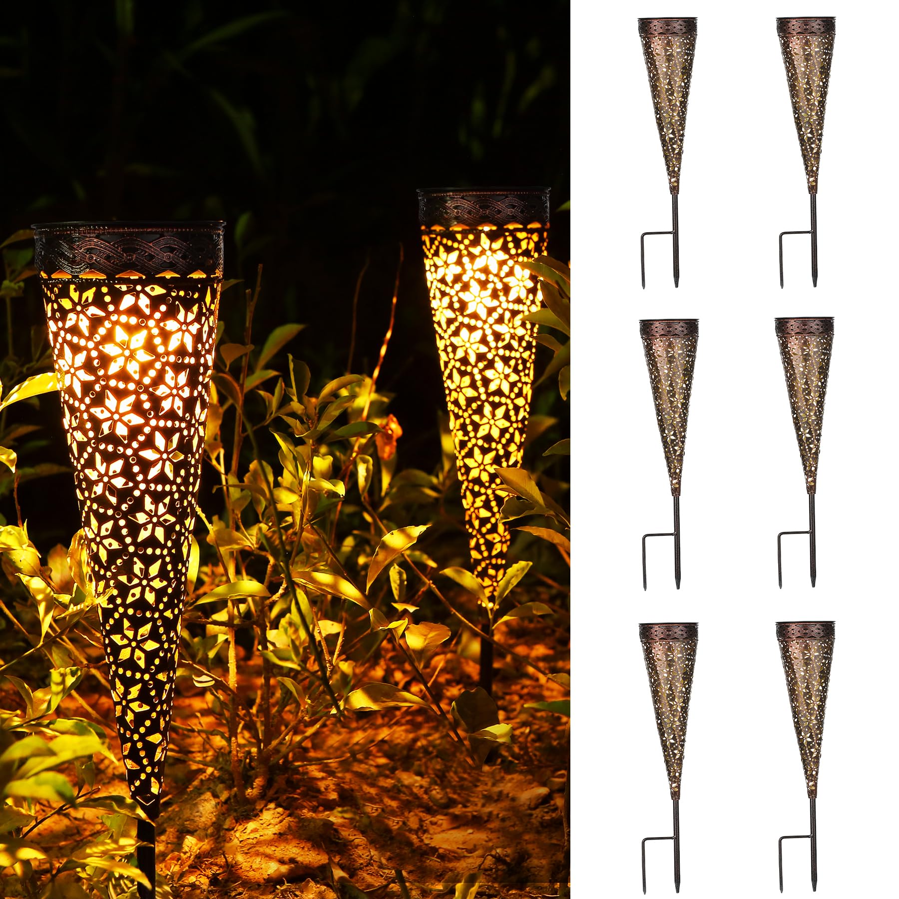 Lampade da giardino solari Görvitor esterni, 6 pezzi con picchetto da terra, lampade solari da giardino in metallo stile retrò con fiore a diamante, lampade solari impermeabili IP65 esterni giardino