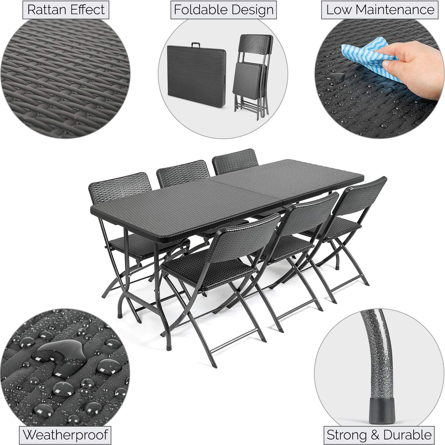 CHRISTOW Rattan Effect Garden Furniture Set Folding 6ft Dining Table 6