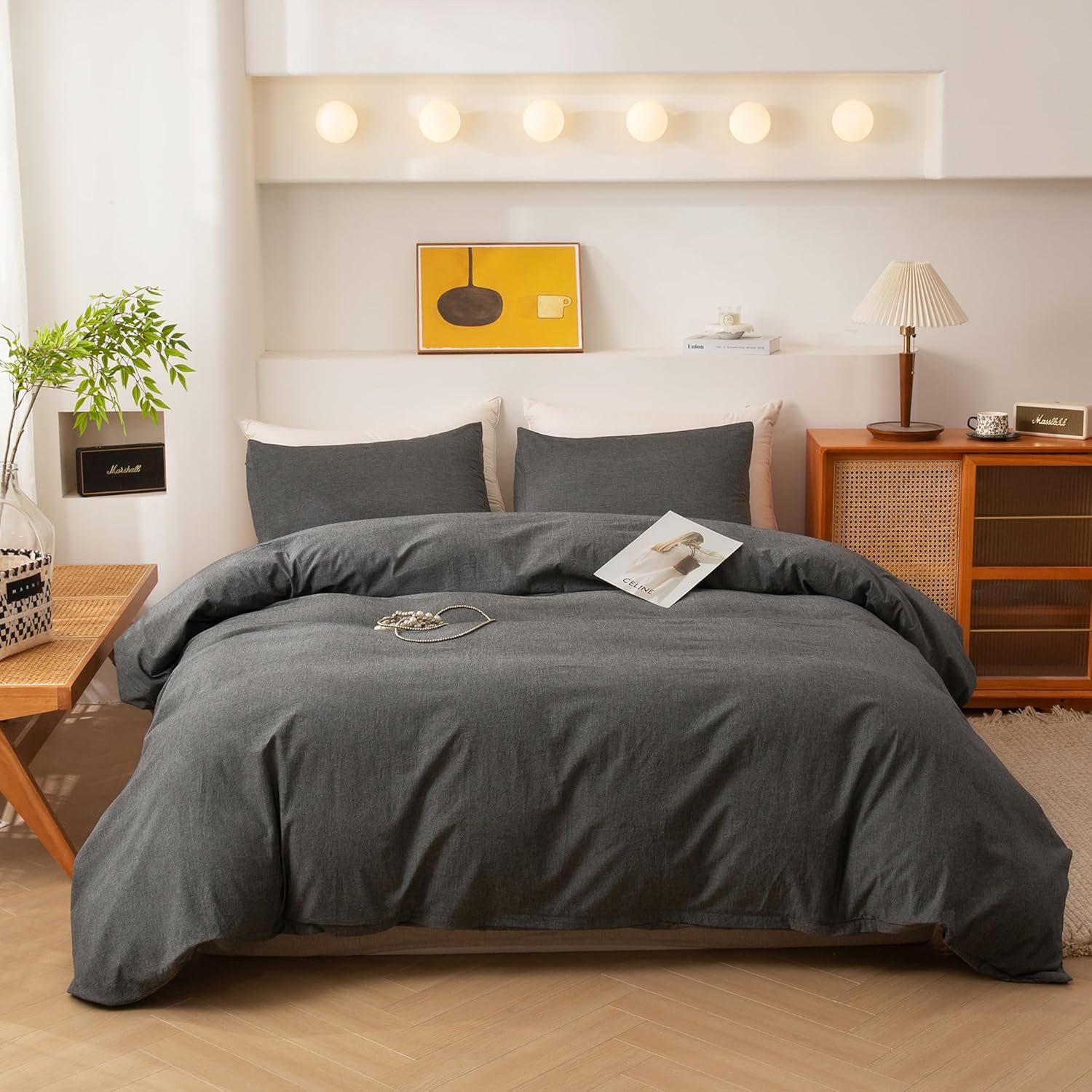 ECOCOTT Grey Duvet Cover Queen Size, 100% Washed Cotton 1 Duvet Cover with Zipper and 2 Pillowcases, Ultra Soft and Easy Care Breathable Cozy Simple Style Bedding Set(Dark Grey) Dark Grey (No Comforter) Queen (90"x90")