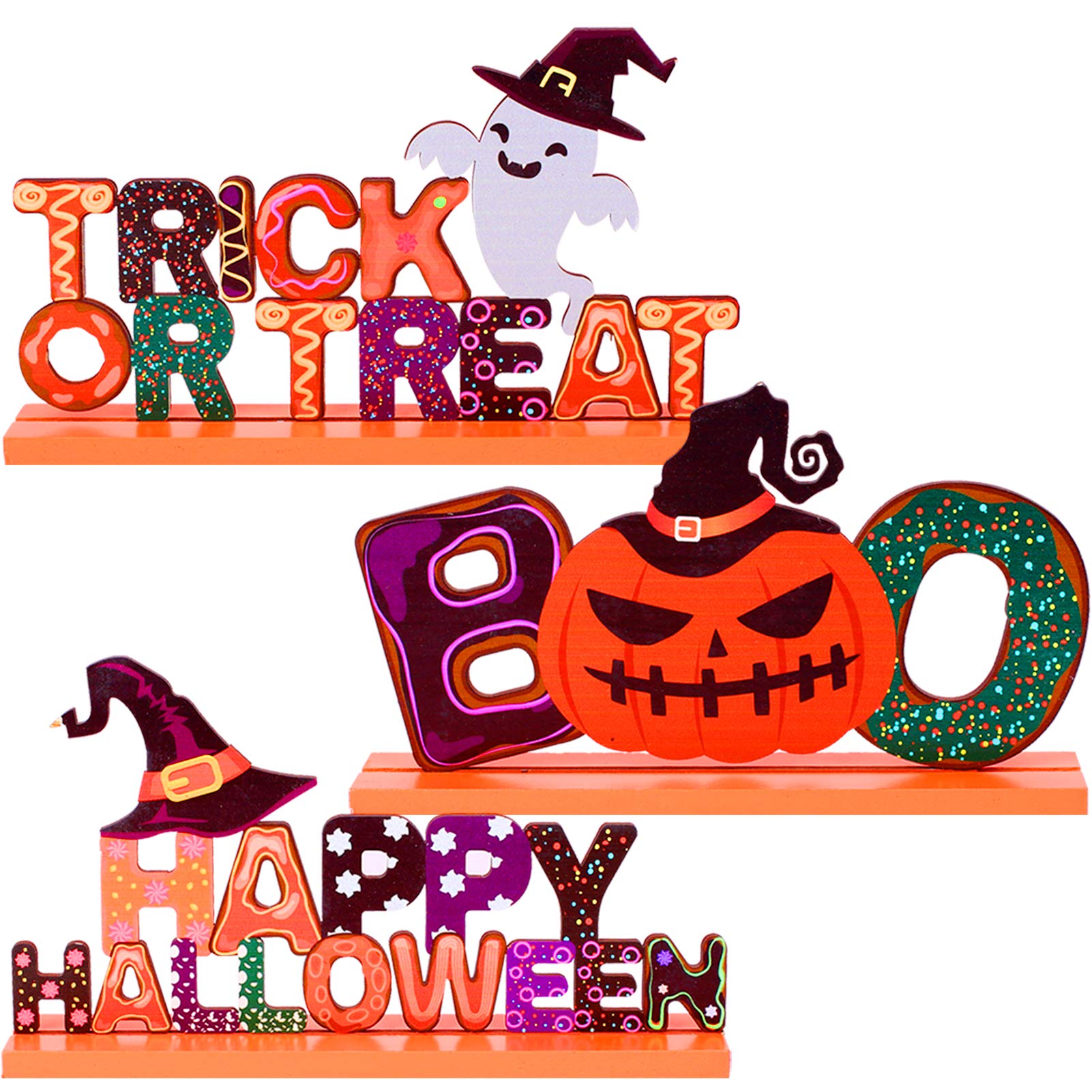 Apipi Set of 3 Halloween Themed Wooden Centerpiece Sign- Happy Halloween Trick or Treat Boo Table Toppers Table Signs with Witch Hat Ghost Pumpkin Ornaments for Halloween Party Table Top Decor