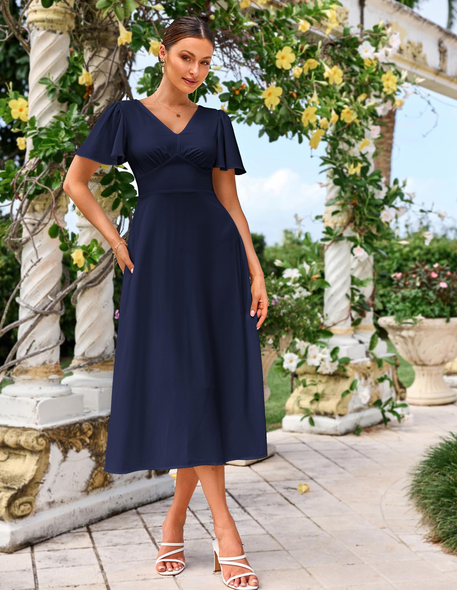 Grace Karin Damen Elegant Sommerkleid V-Ausschnitt Kurze Ärmel Rückenfreies Kleid mit Bindung Dunkelblau M – Bild 3