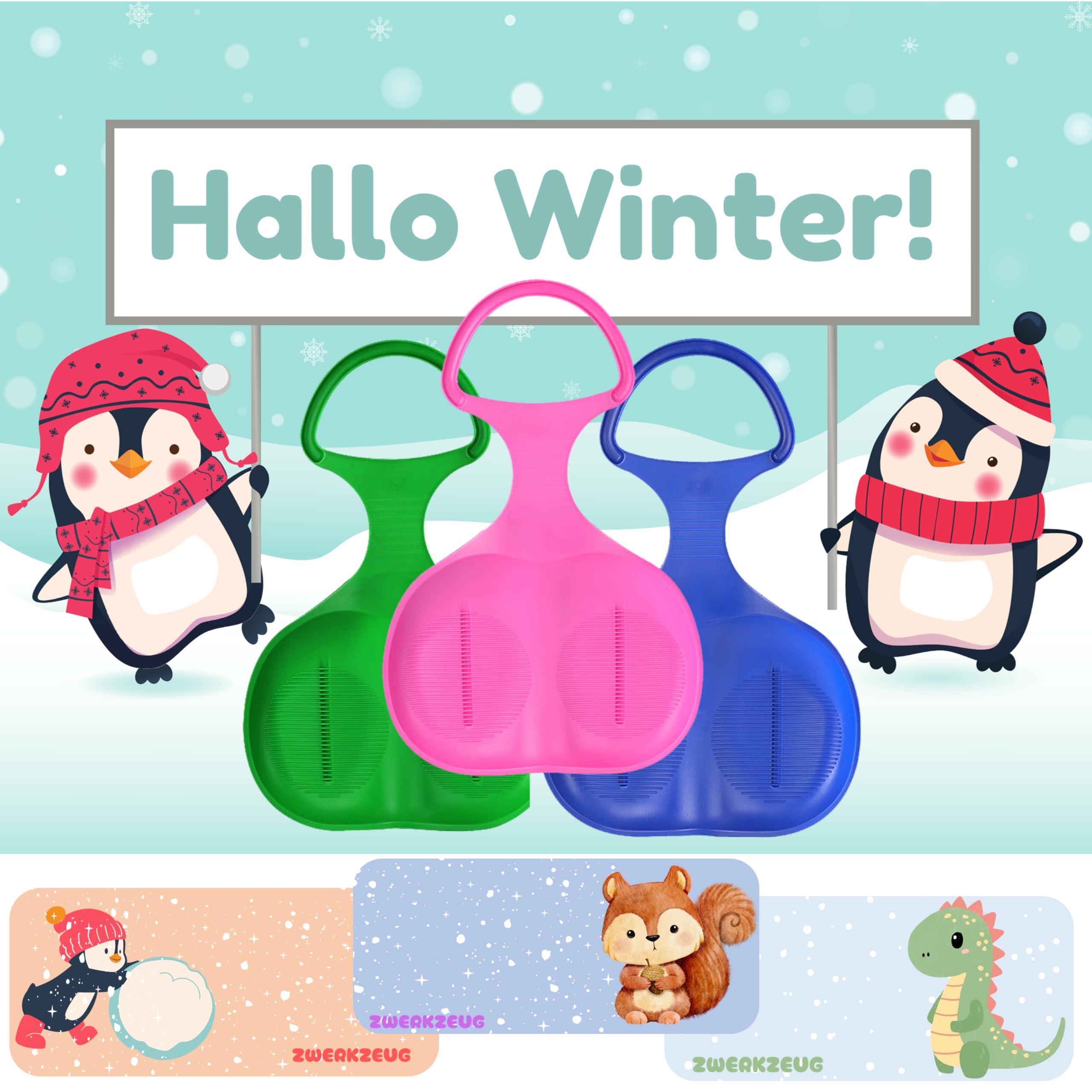 3er Pack Schneerutscher poporutscher mit gratis Namenschild/Schlittenseil Porutscher mit Griff für Kinder Outdoor Wintersport, für Schnee erhältlich in bunten Farben