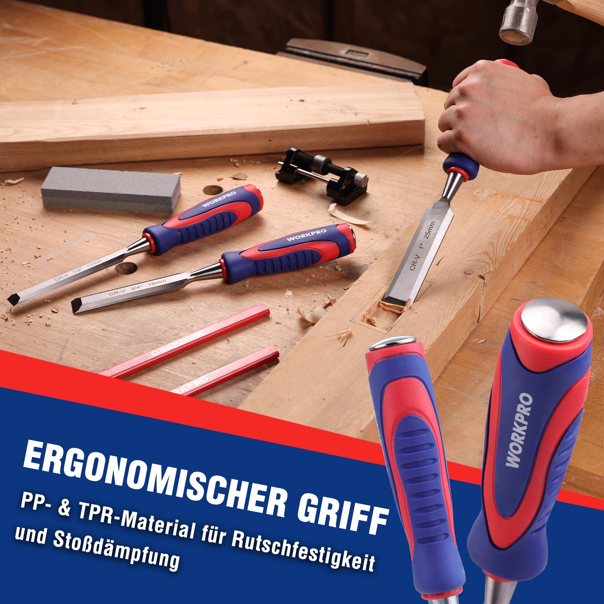 WORKPRO Holzmeißel Set 10-tlg., Cr-V Stahl, 6 Stechbeitel, Koffer | 6 Stechbeitel 6–38mm, ergonomische Griffe, inkl. Schleifstein und 2 Bleistifte, ideal für Holzarbeiten