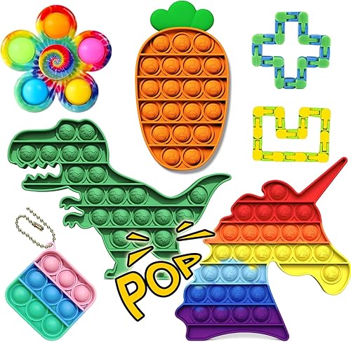 Paquete de 7 paquetes para ansiedad con juguetes sensoriales para reventar burbujas unicornio arcoíris dinosaurio zanahoria spinner pista loca mini