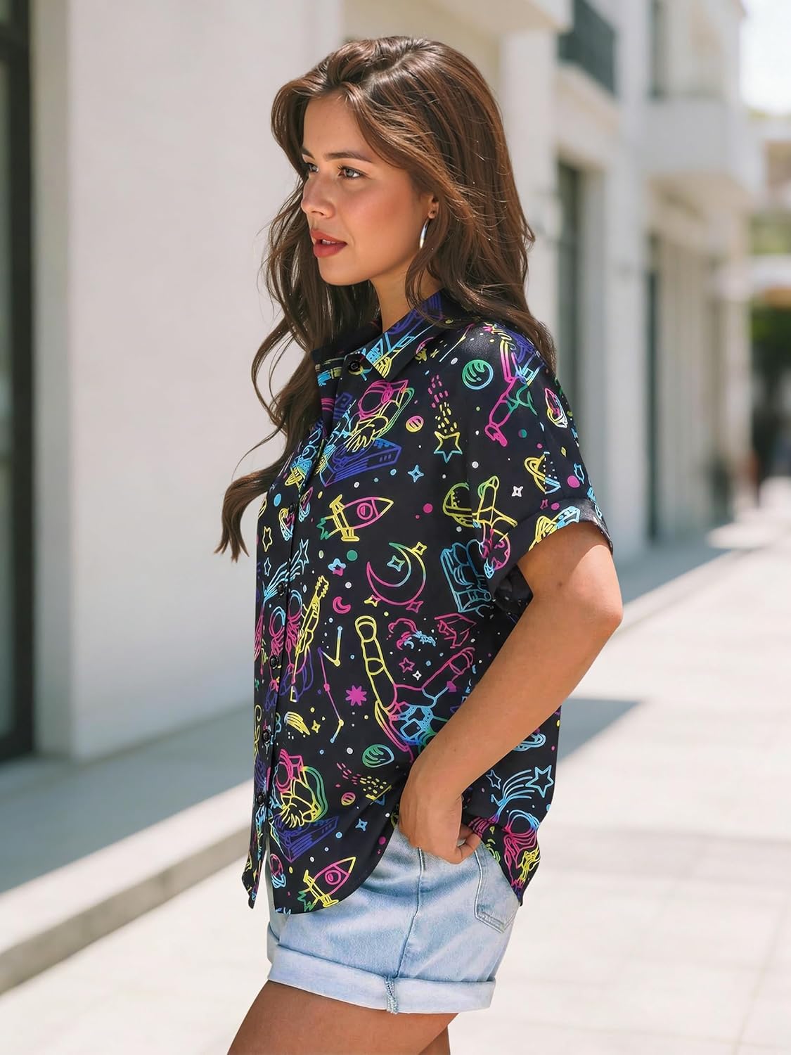 Ezcosplay Women Button Down Space Shirt Funny Astronaut Graphic T Shirts Astronomy Planet Galaxy Outfit Tee Blouse - Image 2