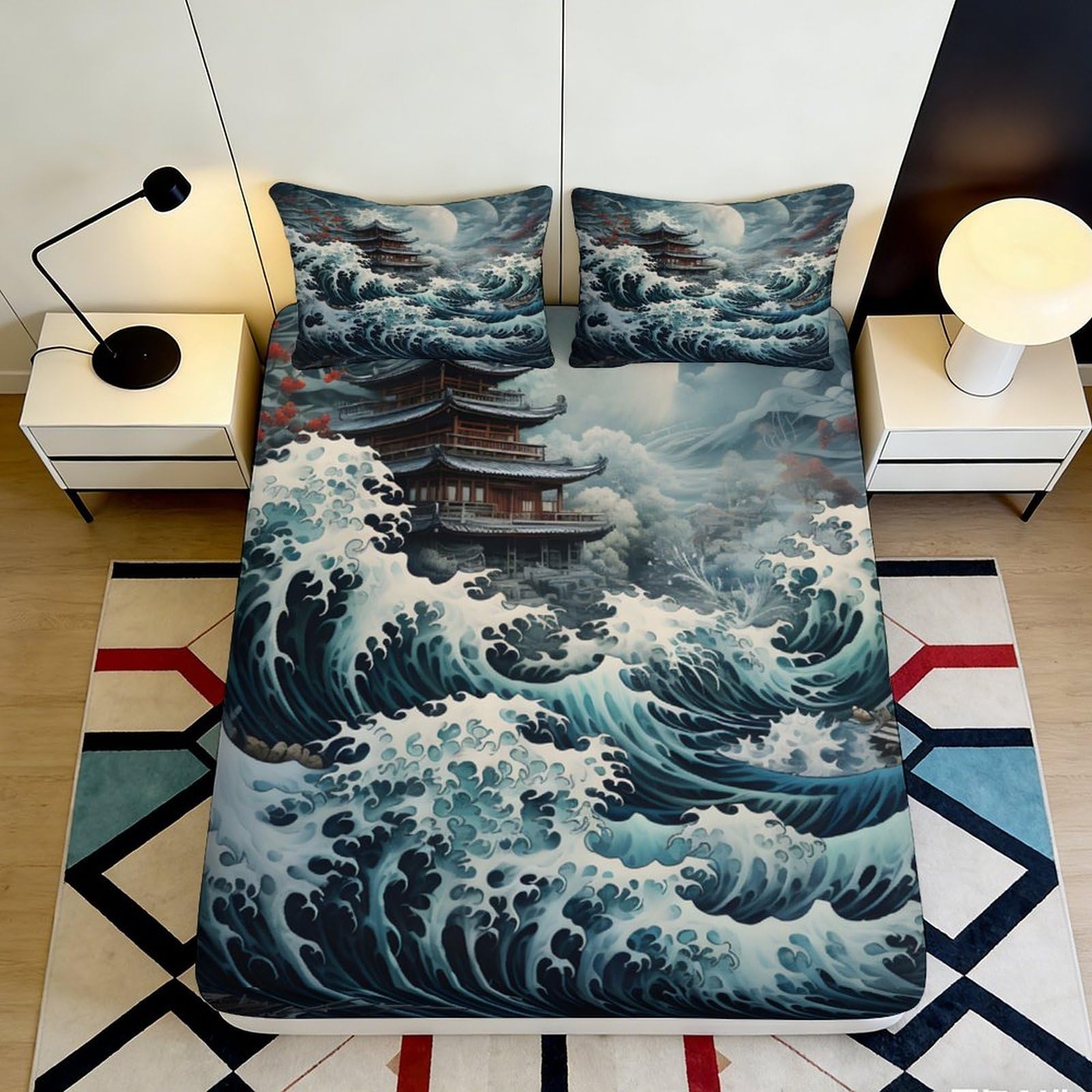 3D Printed Japanese Pagoda Fitted Sheet Microfiber Soft Breathable Ocean Wave Mattress Cover for Bedroom Decor 90x200x25cm