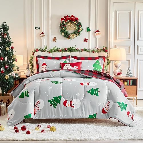 Christmas 7 Pieces Queen Comforter Sheet Set Bed in a Bag Holiday New Year Style - Gray White Snowflake and Snowman Green Trees - Gingham Bedding Set with Comforters, Sheets, Pillowcases & Shams