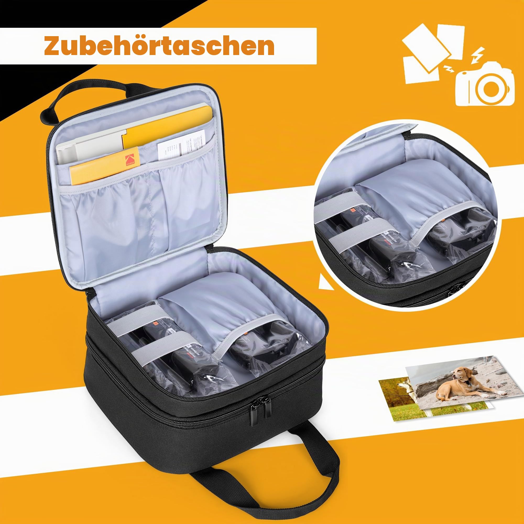 Luxja Fotodrucker-Tasche, Aufbewahrung für Sofortbilddrucker und Zubehör, kompatibel mit Kodak Dock Plus, Schwarz