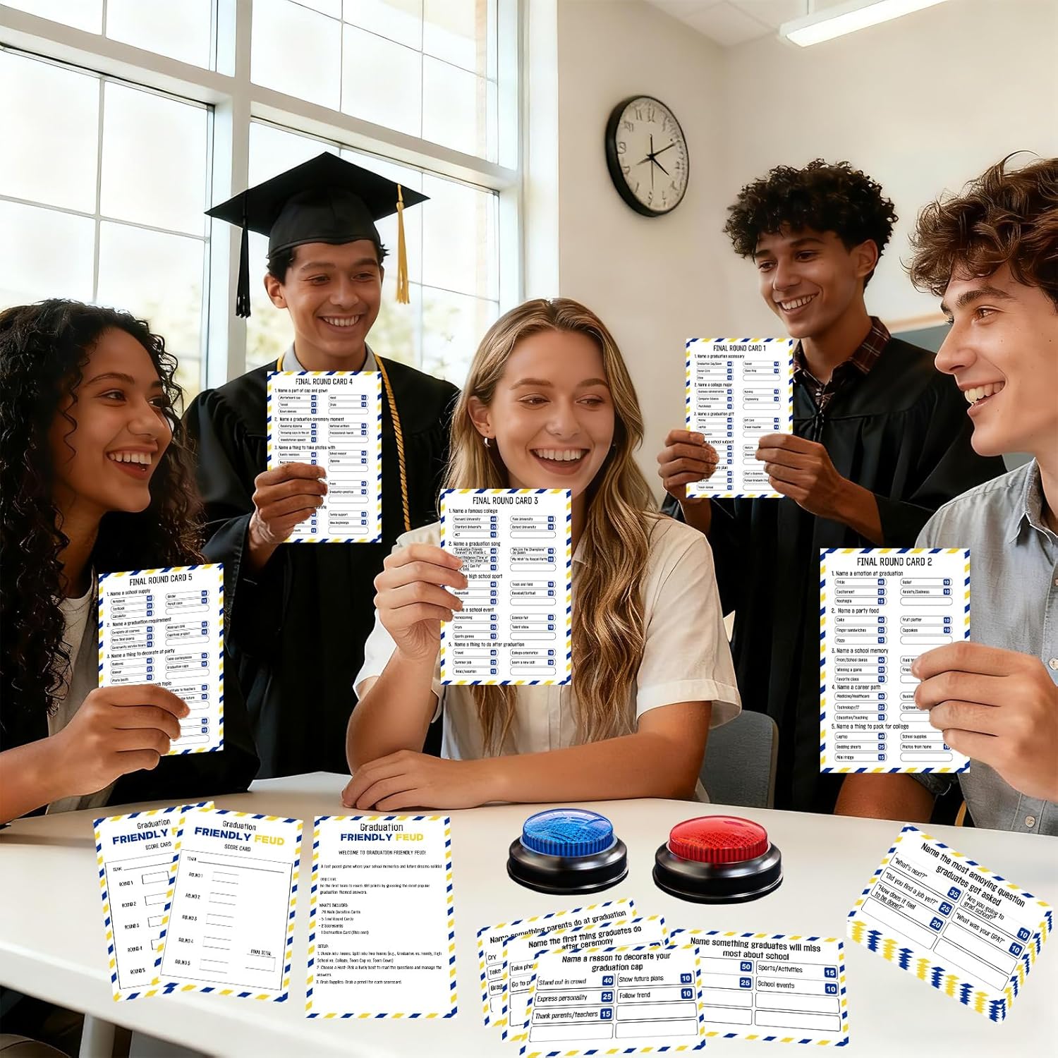 Graduation Party Friendly Feud Game with 2 Answer Buzzers, Team Building Feud Cards for Graduation Game Night Fun Trivia Quiz for Students Teachers Groups