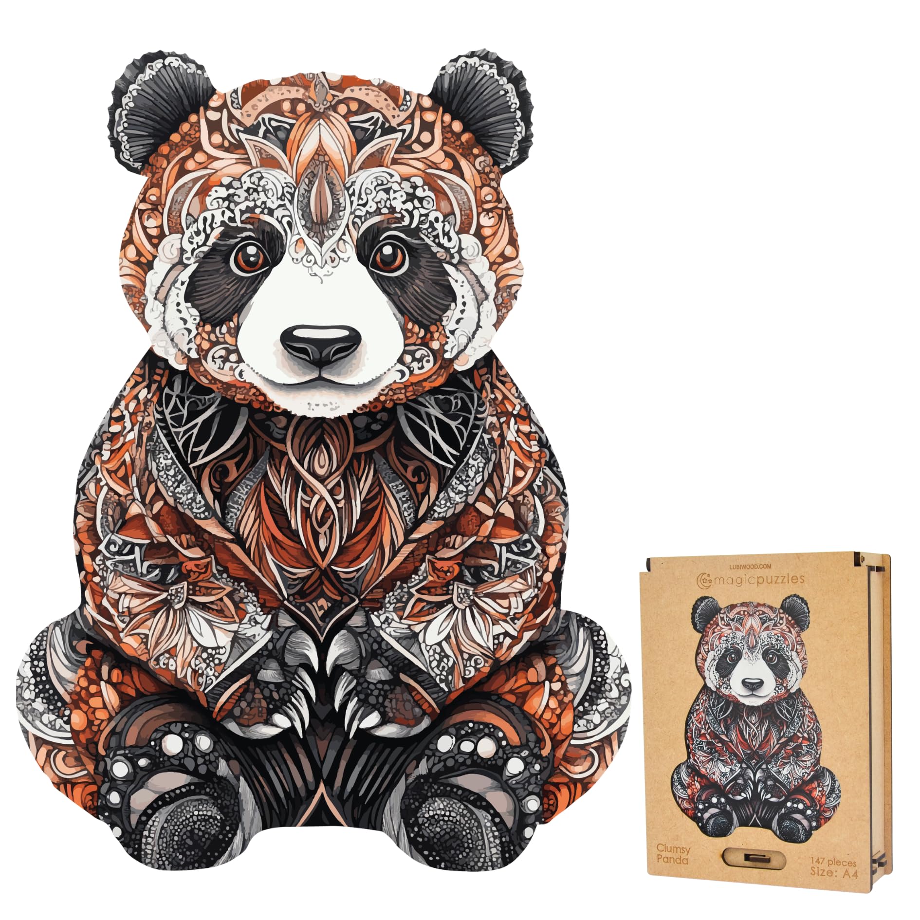 Lubiwood Unique Shaped Clumsy Panda Wooden Puzzle (29x21 cm) - 147 Intricate Pieces, Includes Wood Gift Box - An Ideal Engaging Gift