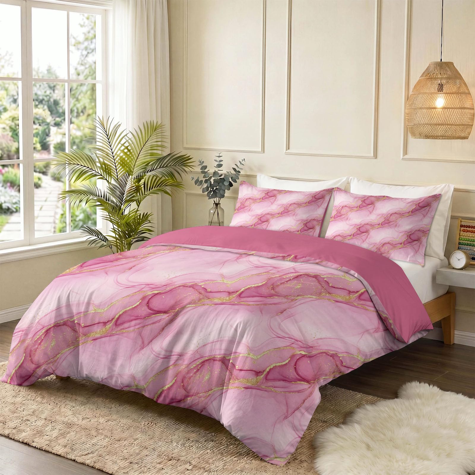 Bettwäsche 180 x 200 cm, Wende Modern Luxus Bettbezug Set für Kinder Jungen Mädchen, Rosenrot Bequem Atmungsaktiv Einfache Pflege Abstrakt Strudel Blattgold Flecken Marmor Bettwäsche Set
