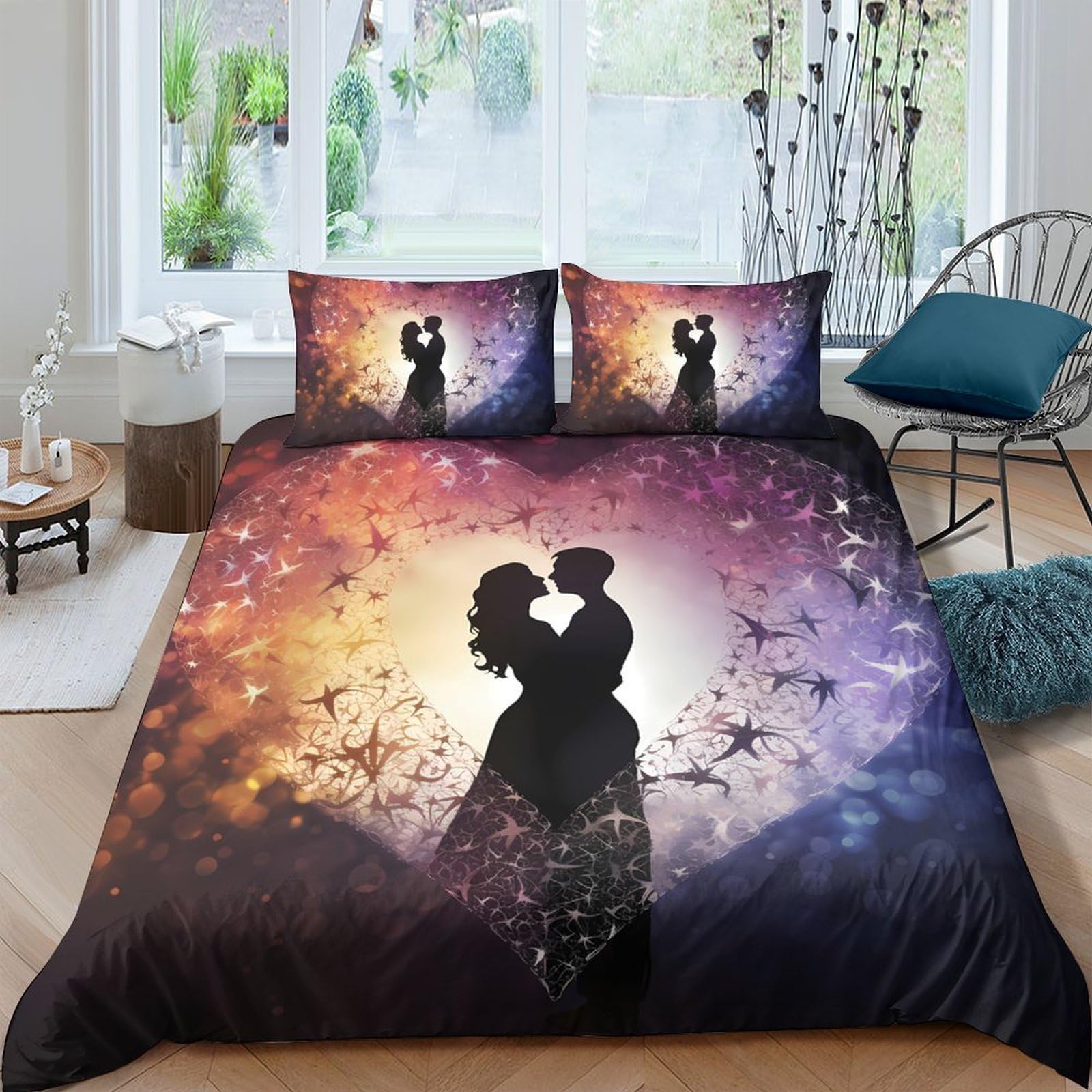 Ctjqhvkz Style-9 3D Printed Romantic Sunset Fitted Sheet Microfiber Soft Breathable Lovers Silhouette Bed Cover For Bedroom Decor Single（135X200cm）