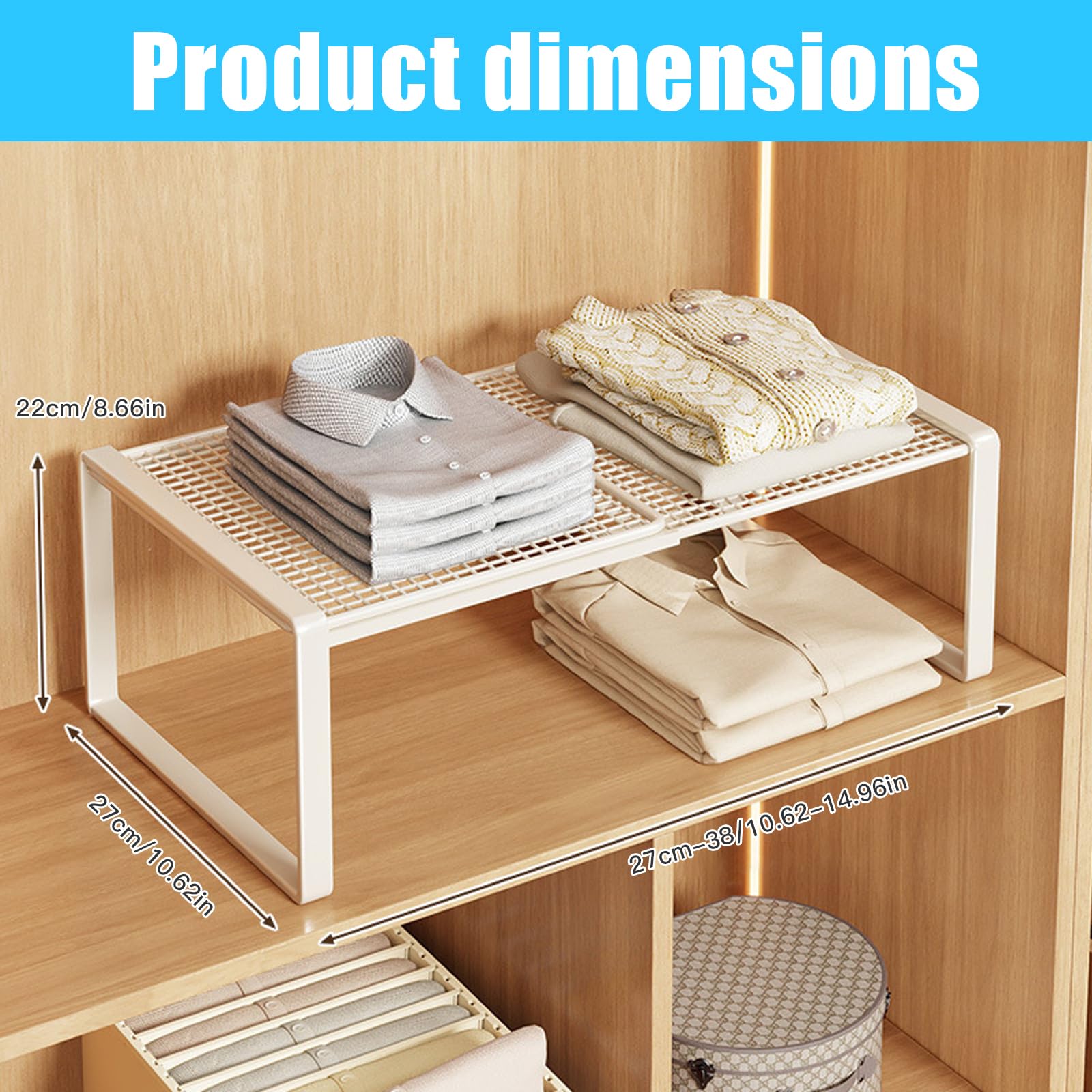Organizer per armadio impilabile, estensibile, sistema di scaffali in metallo senza foratura, per cucina, bagno e scarpiera, salvaspazio e regolabile, bianco (bianco, lunghezza: 27-38 cm, larghezza