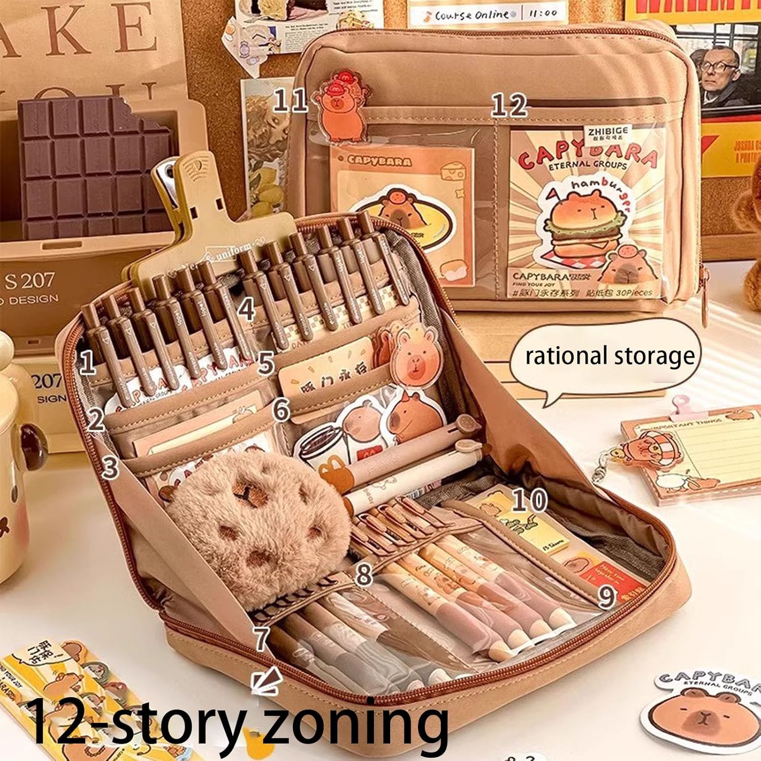 Cute Capybara Pencil Case With 10 Compartments - Gift Set Includes Holder, Ball-Point Pen, Keychain, Stickers, Brooch, and Clips - Image 5
