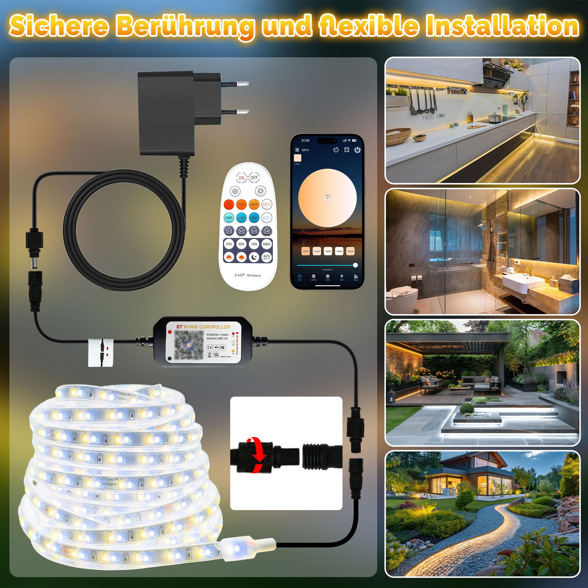 20M Outdoor LED Strip, LED Streifen Aussen Warmweiss zu Kaltweiß Wasserdicht IP67, 24V LED Lichtband Dimmbar mit Fernbedienung, Leuchtstreifen Selbstklebend Außen für Terrasse, Pavillon