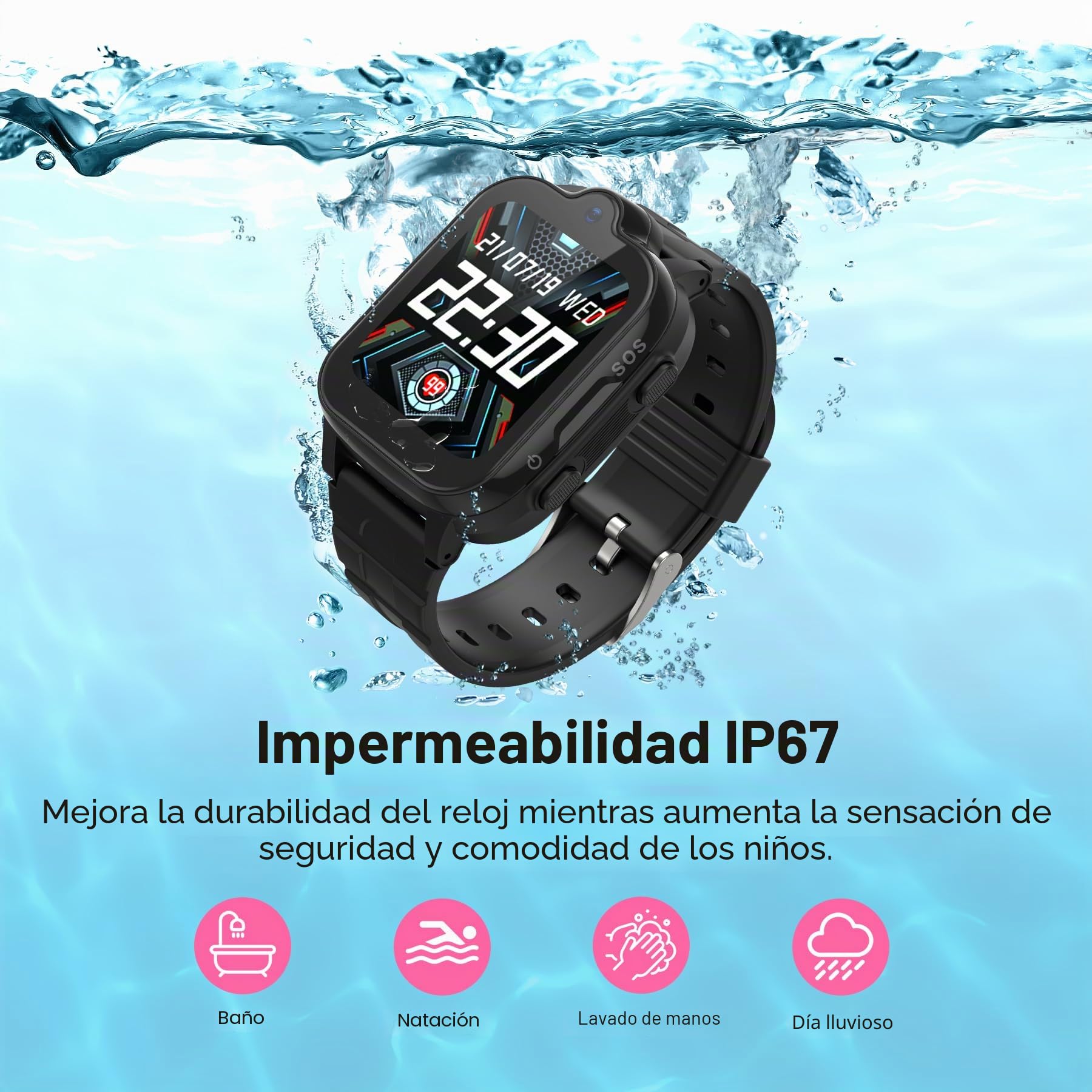 Reloj inteligente 4G GPS y teléfono, IP67 resistente al agua, llamadas, WiFi, videollamada, SOS, despertador, para niños 3-12 años, negro