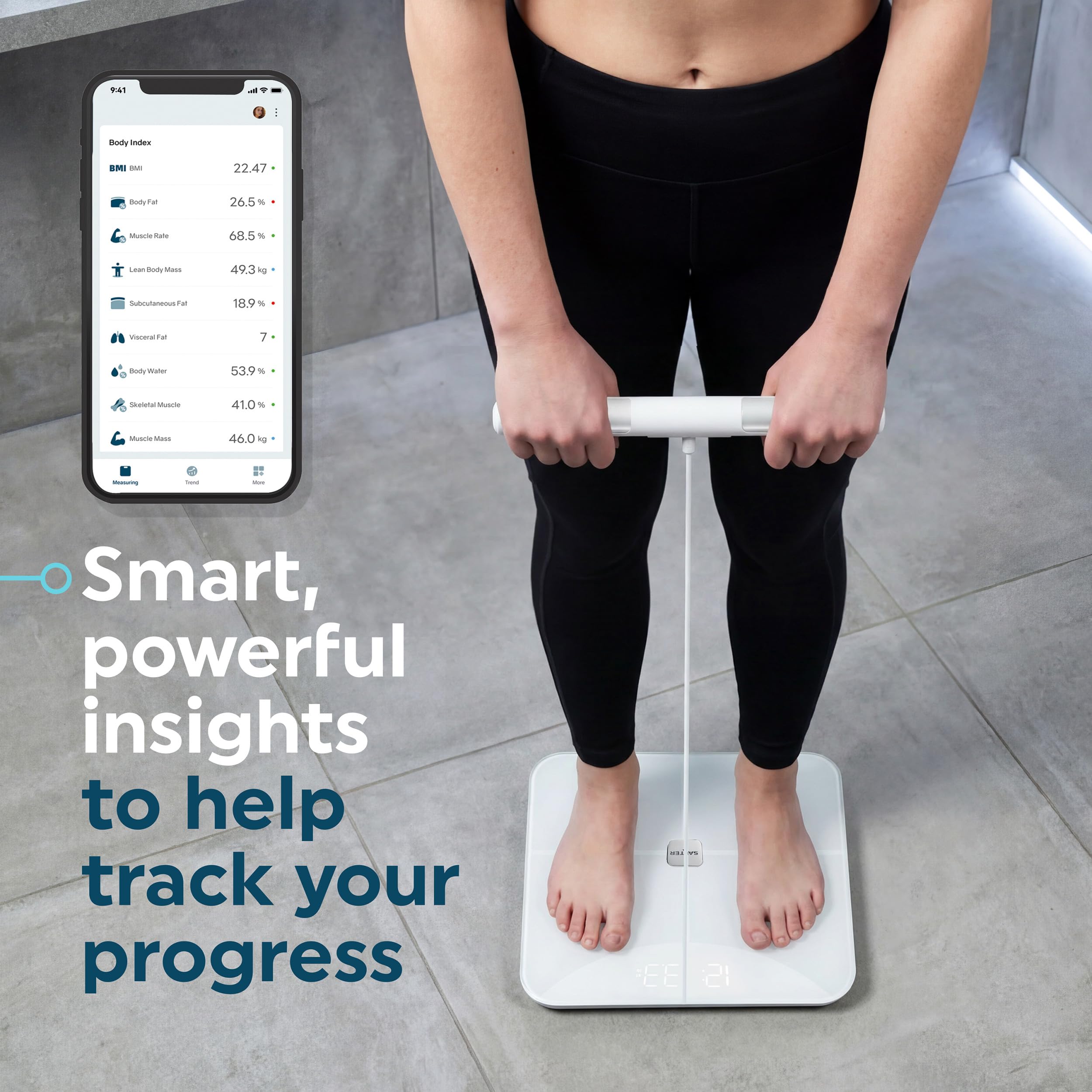 Salter Body Insight Smart Scale - Peso, Massa Grassa, Massa Muscolare, Massa Ossea, BMI, 8 Sensori ad Alta Precisione, Analisi dell'Impedenza Corporea Mano-Piede, Salter Balance App, LED, 180kg Bianco