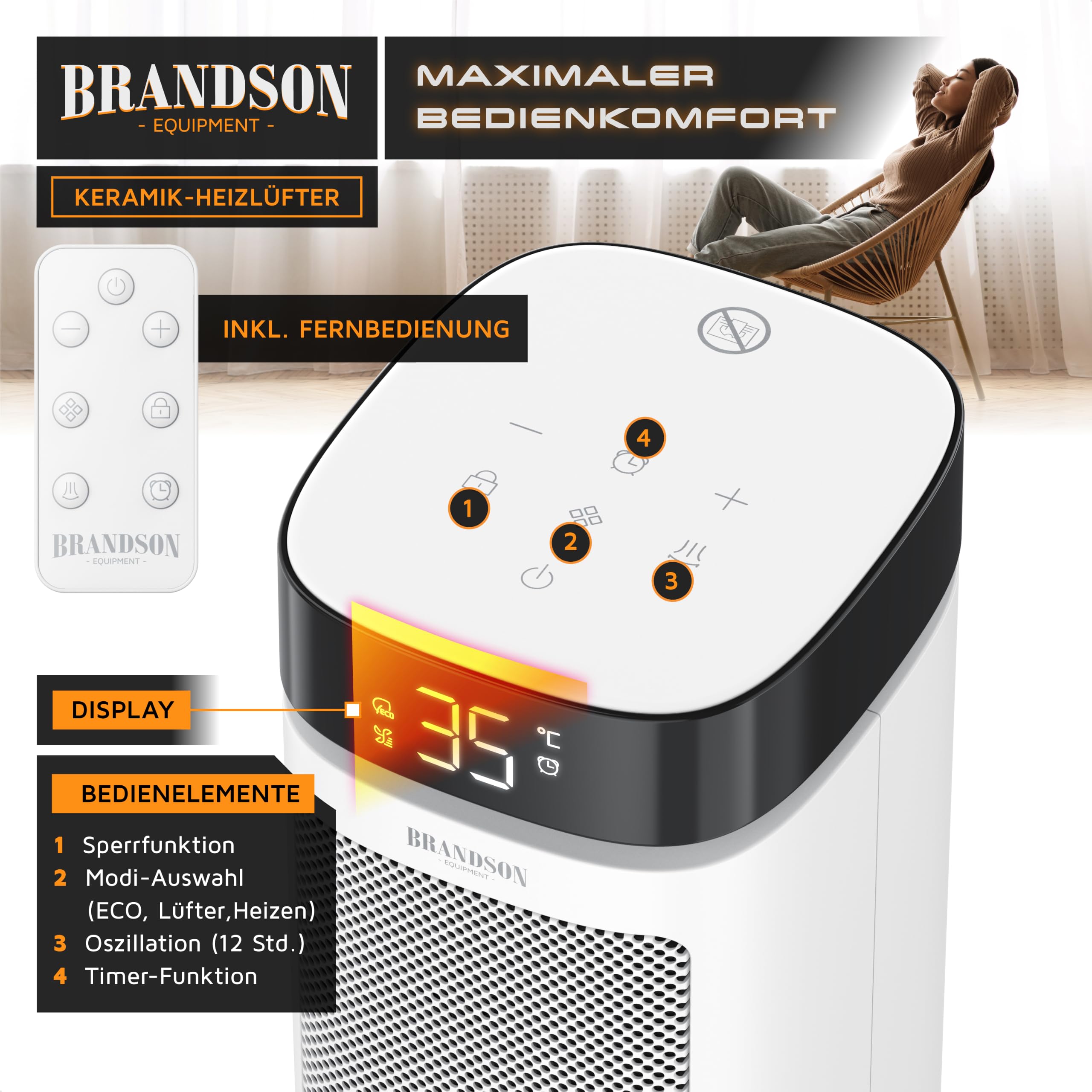Brandson - Heizlüfter mit Fernbedienung - energiesparend ECO Modus – 2000 Watt Heater - mit Oszillation - 2 Heizstufen - Überhitzungs- und Umkippschutz - Badezimmer Schlafzimmer Baby Kinderzimmer