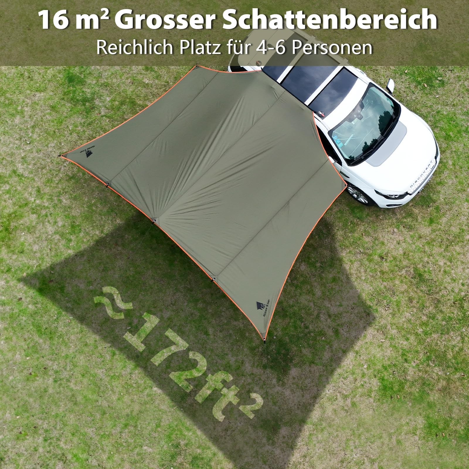 GEERTOP 3,5 x 5,8 m Auto Markise Sonnensegel, Wasserdicht 3000 mm Große Vorzelt Auto mit 2 höhenverstellbaren Stangen, Wasserabweisendes Sonnendach für Autocamping, Van, Campers, Caravan Tarp