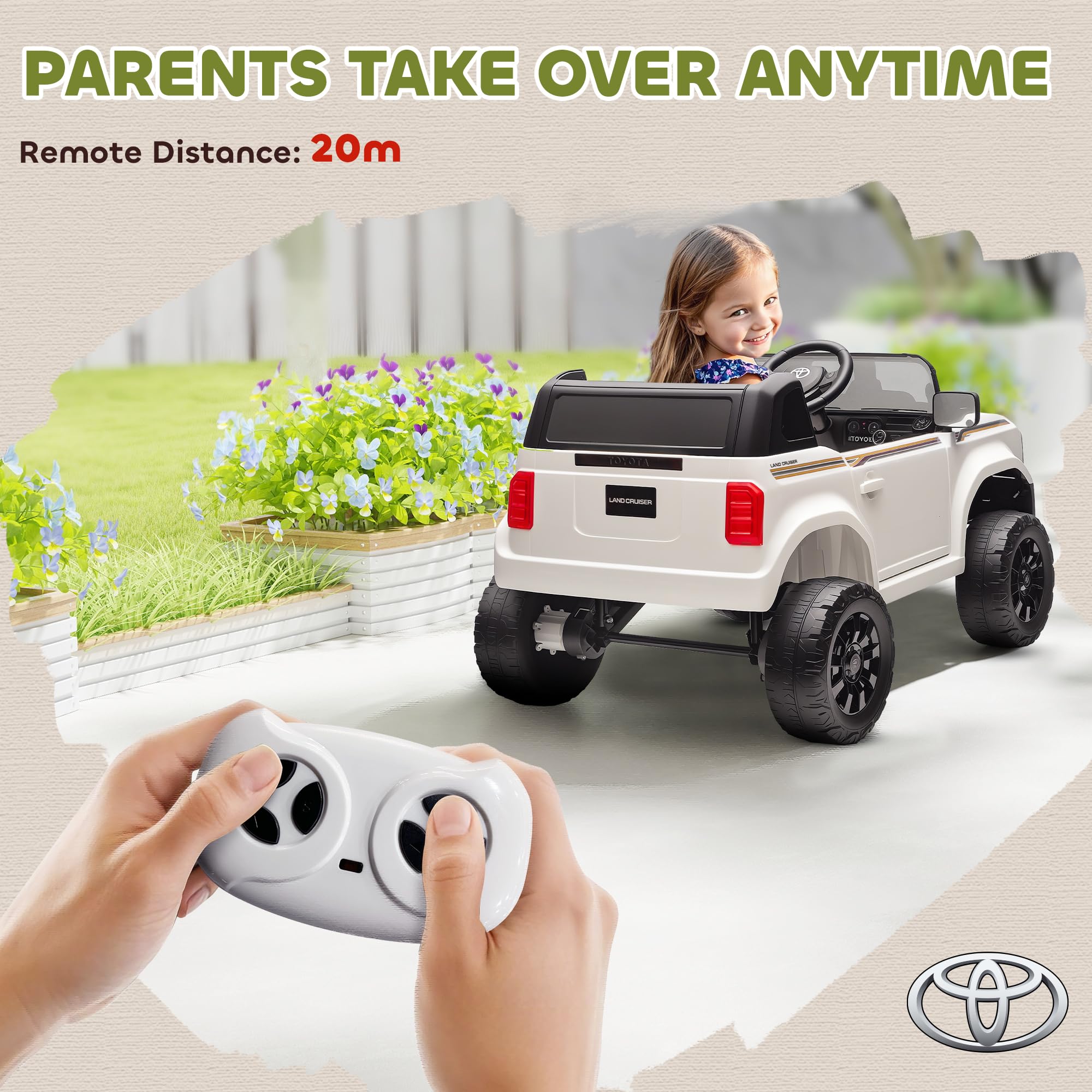AIYAPLAY TOYOTA Land Cruiser Coche Eléctrico para Niños 3-8 Años, 12V 3-5 km/h Coche Eléctrico para Niños con 2 Motores, Suspensión, Mando a Distancia, Cinturón de 3 Puntos, Bluetooth, USB, Música,