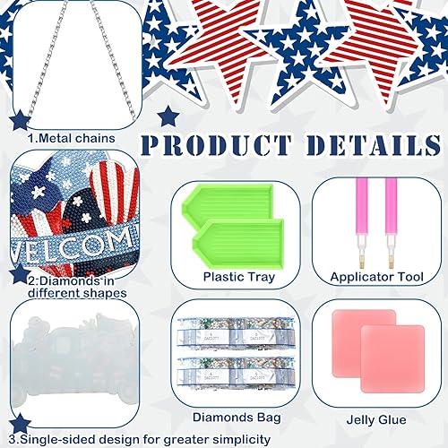 Miniatura 2 de Chitidr Juego de 6 piezas de corona de diamantes del 4 de julio, gnomo rojo, blanco, azul, gnomo, diamante, letrero colgante, manualidades de