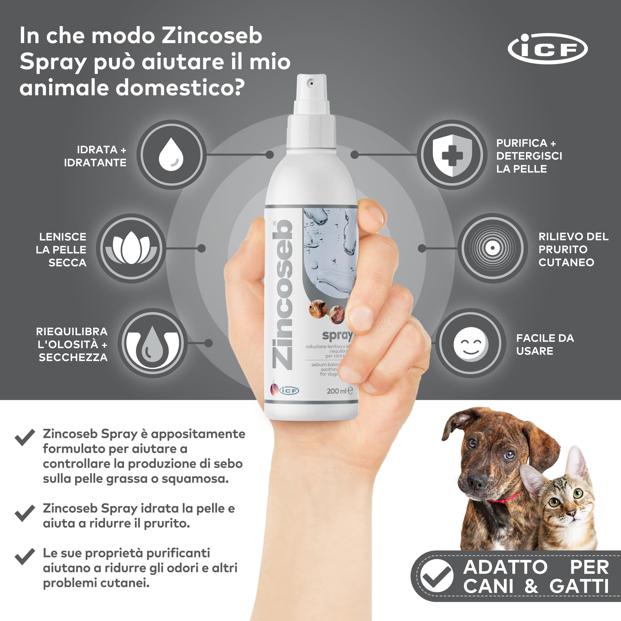 ICF Cif Zincoseb Cão Gato Spray 200 ml artigo para o seu Animal de estimação, Preto, Normal, 200