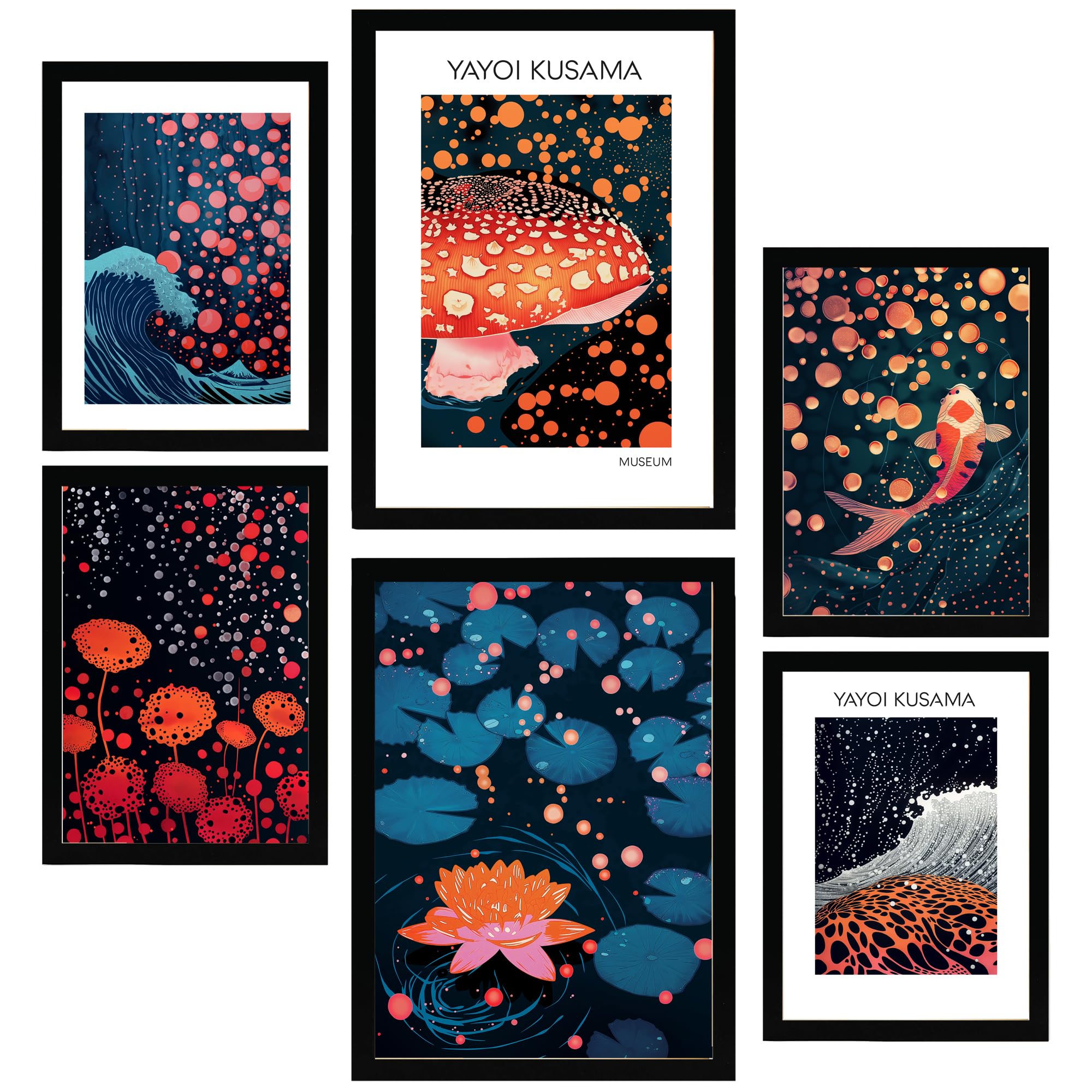 Nacnic Set of 6 Yayoi Kusama Mushroom Wave Dark Colors Japanise Framed prints with design illustration to decorate walls of home. Room, office, shop and business. Painting in A3 and A4 size