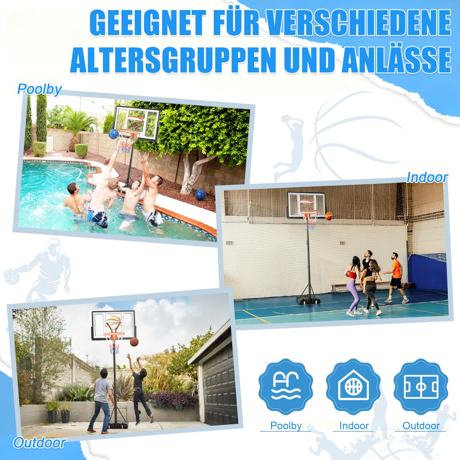 Basketballkorb Outdoor mit Ständer & Rollen, 135-305 cm Höhe, Basketball für Erwachsene & Kinder, Basketballständer Höhenverstellbarer für Garten und Hof