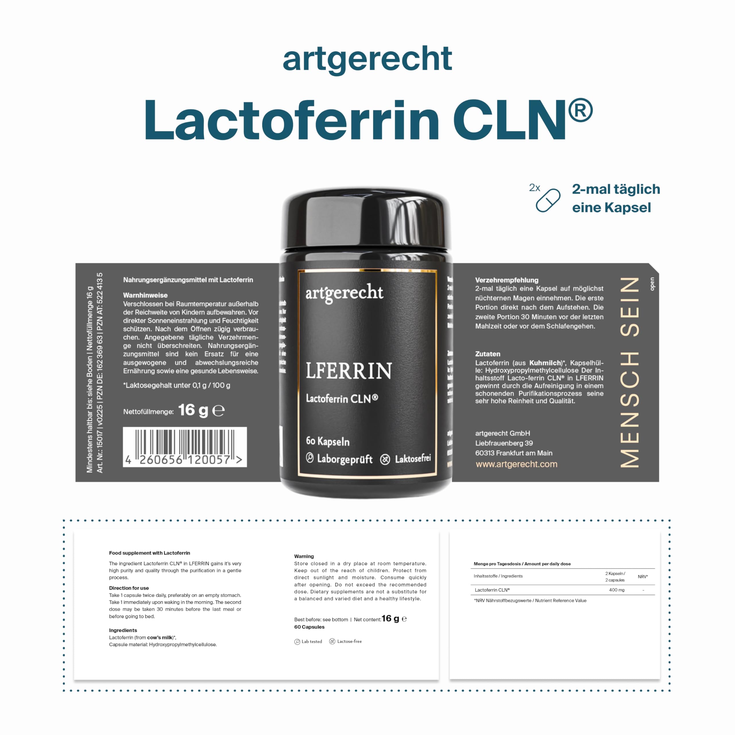 Lactoferrin CLN® 97% – 60 Kapseln, 400mg täglich | Premium-Qualität, gut verträglich & ohne Zusatzstoffe | Hochreines eisenbindendes Milchprotein