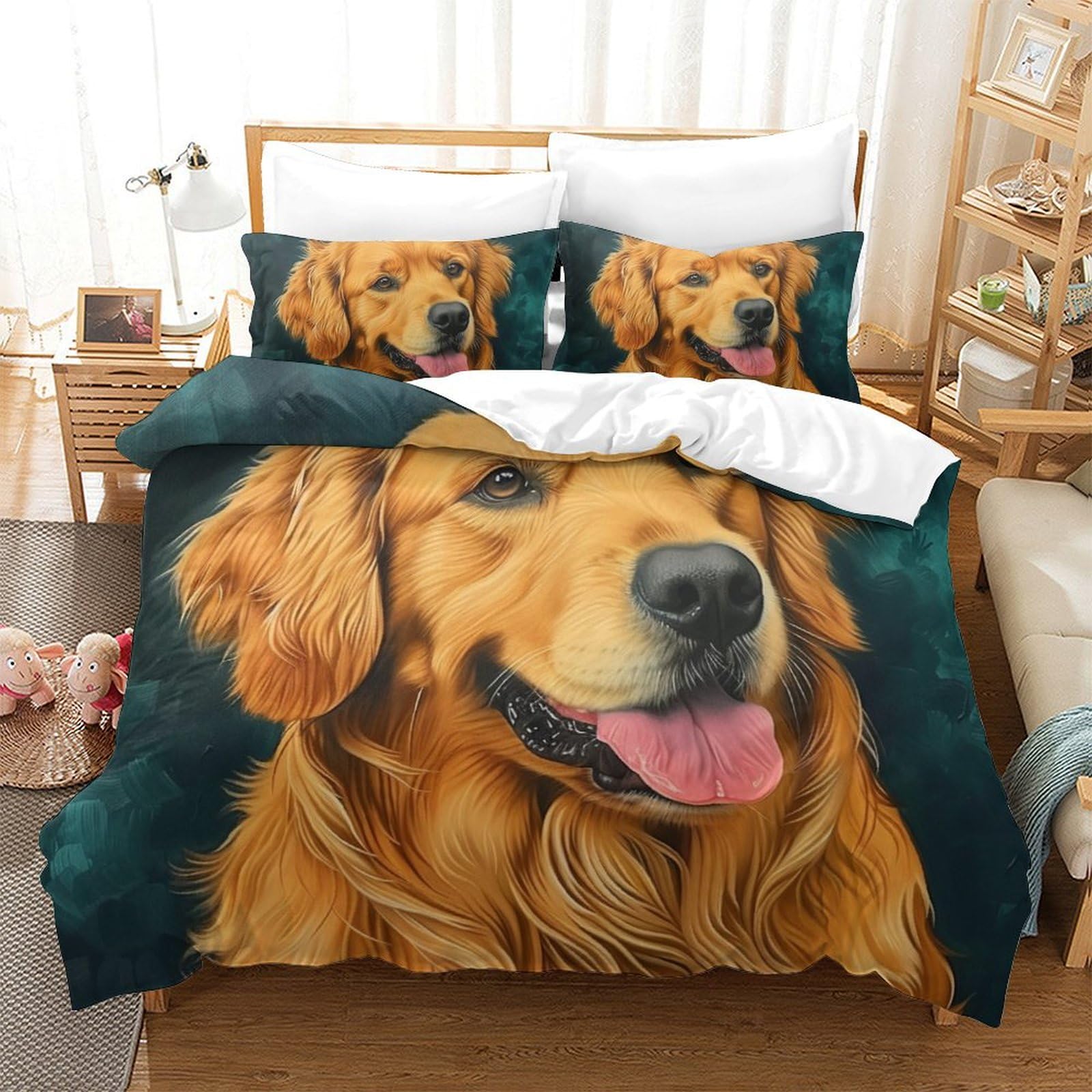 Housse de couette Golden Retriever 3D anti-plis en tissu ultra-doux pour grand lit