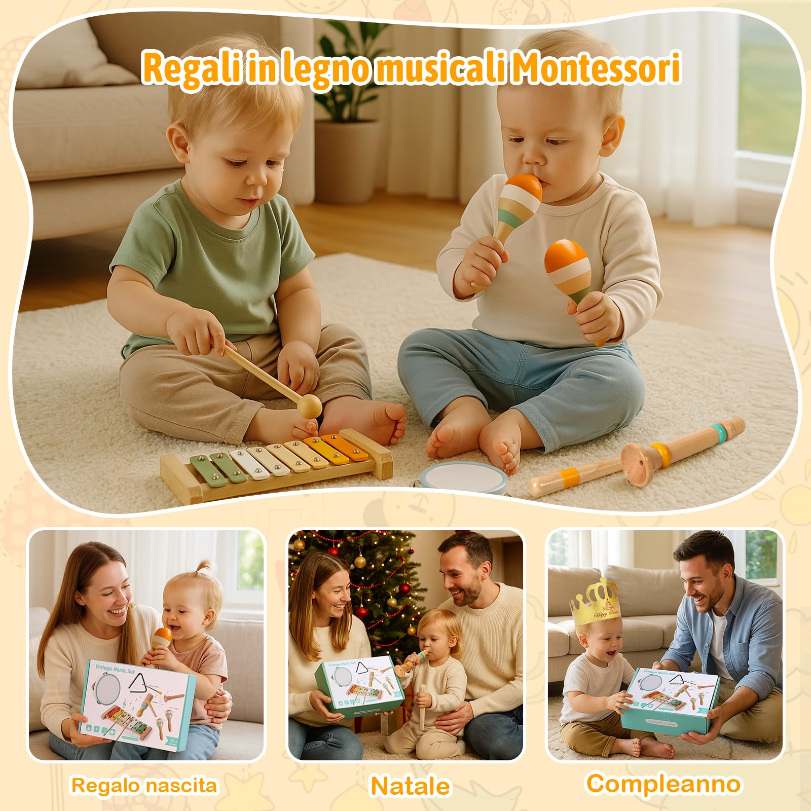 Strumenti Musicali Bambini, Giochi Montessori Sensoriale in Legno, Tamburo Bambino Xilofono Maracas, Tambourine Percussioni Giochi Bambini, Natale e Compleanno Regalo Bambino 1 2 3 Anno