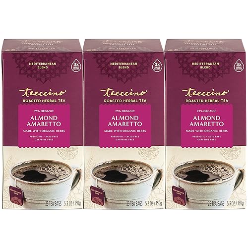 Miniatura 1 de Teeccino Té de hierbas de almendra amaretto, té de hierbas rico y tostado, sin cafeína y prebiótico para energía natural, 25 bolsas de té (paquete