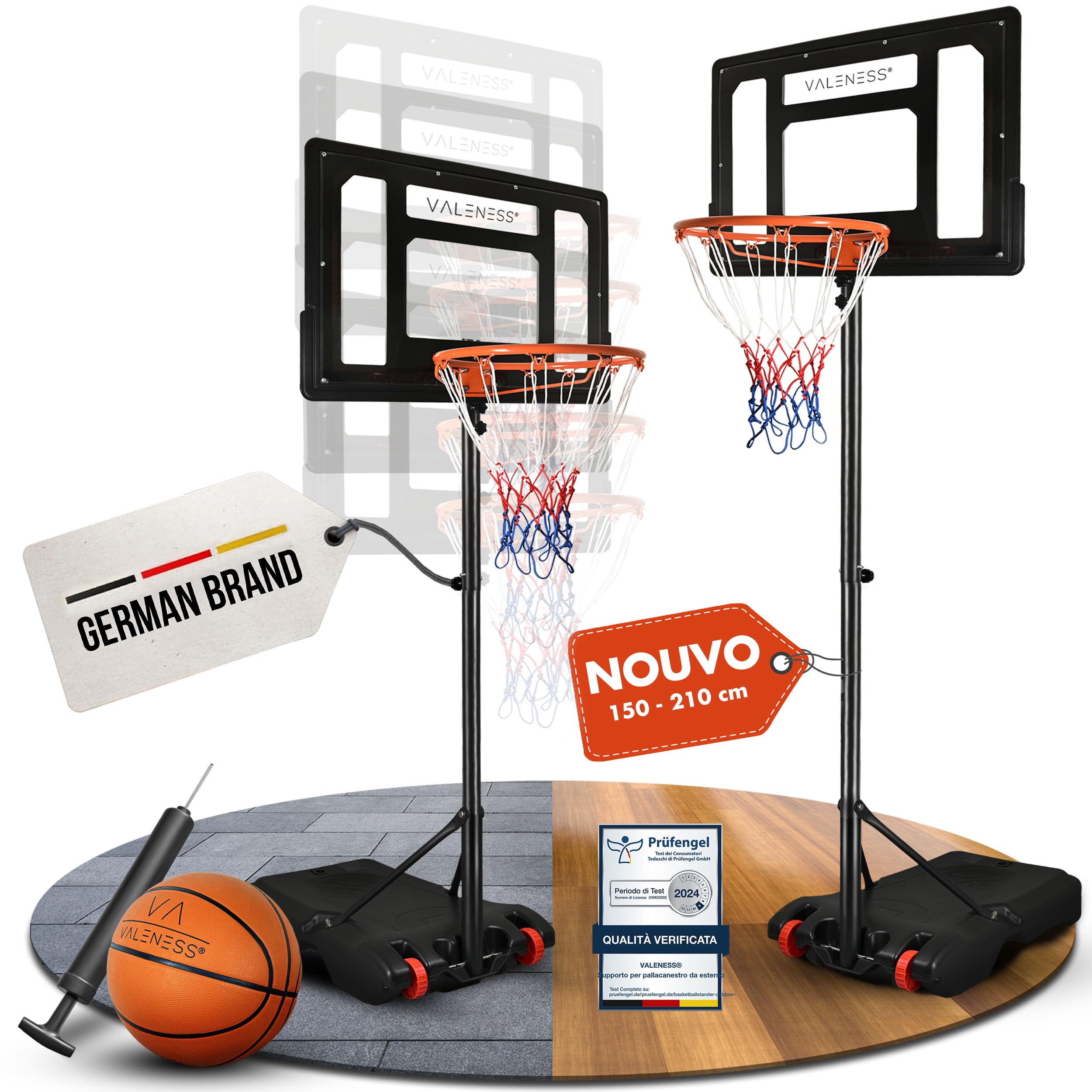 VALENESS® Canestro da basket da esterno – Supporto regolabile in altezza [135–305 cm] e resistente alle intemperie – Canestro professionale con pallone e pompa per bambini e adulti