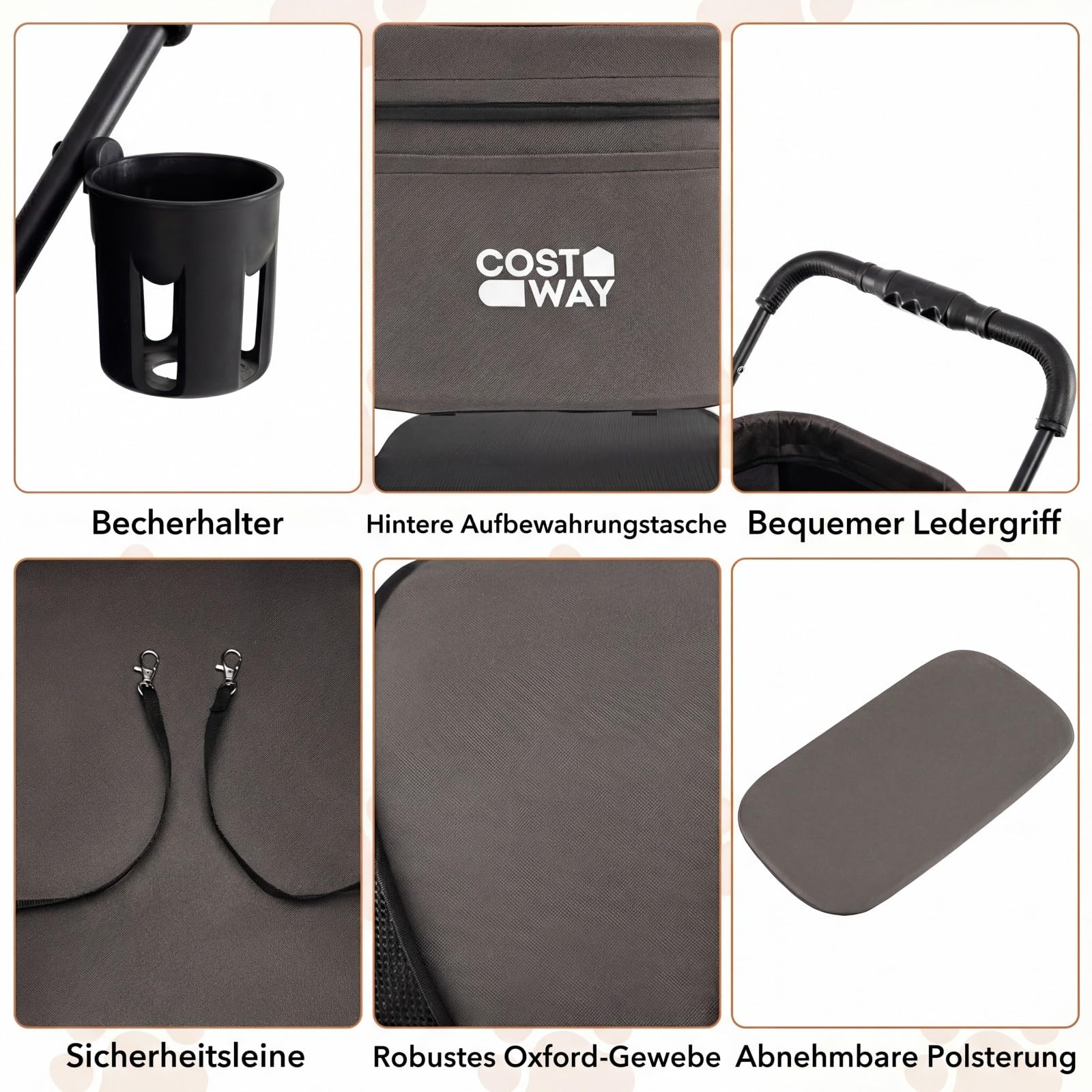 COSTWAY 3 in 1 Hundewagen klappbar, Hundebuggy 2 Etagen, Haustierwagen mit verstellbarem Vordach, Netzfenster & Taschen, Hundebox Transporttasche, Haustierbuggy für Katzen Hunde bis 15 kg (Grau)