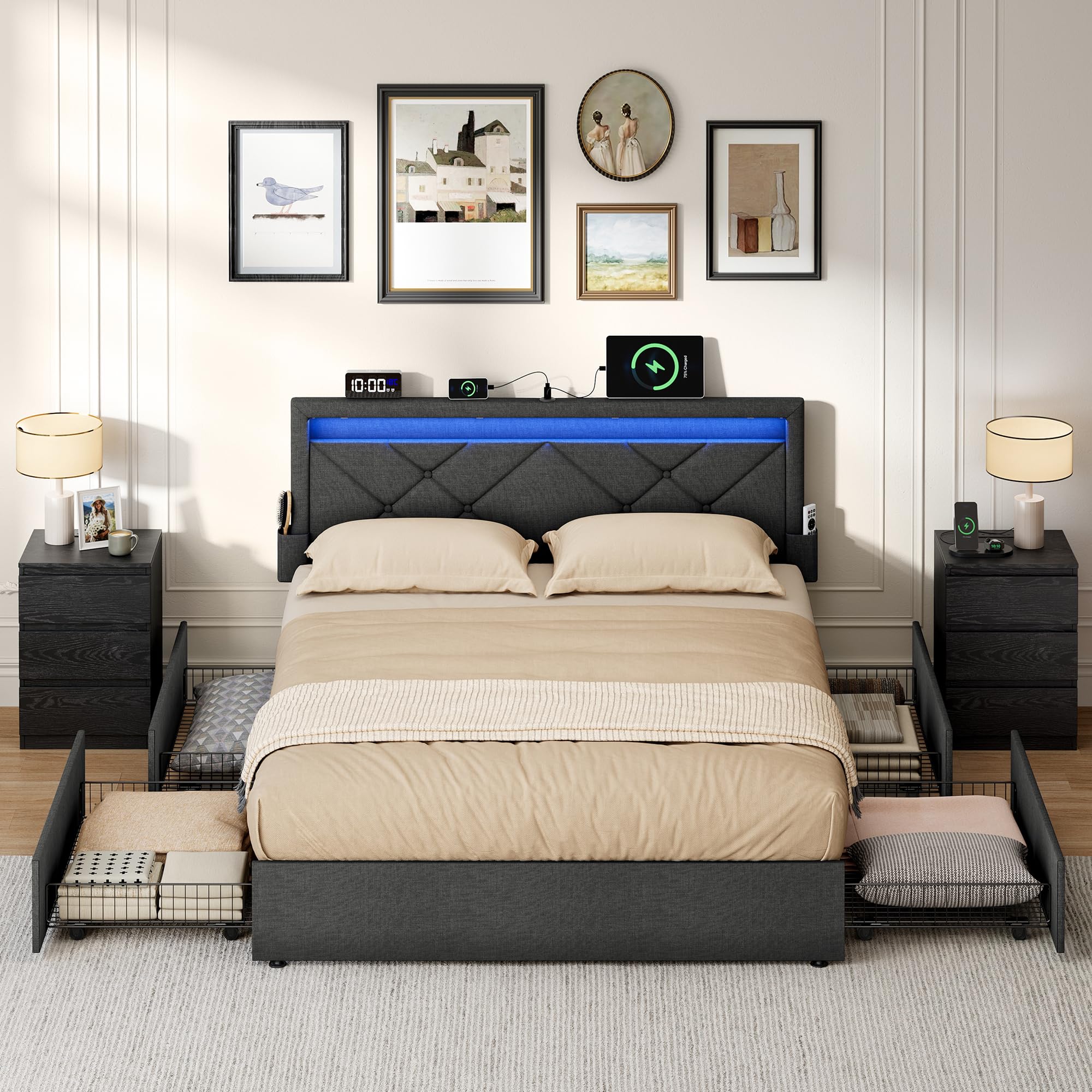 VASAGLE Double Bed Frame with LED Lights, Adjustable Headboard, Platform Bed with Underbed Storage Drawers, USB-A and USB-C Ports, 500 kg Weight Capacity, No Box Spring Needed, Slate Grey RMB926GN01