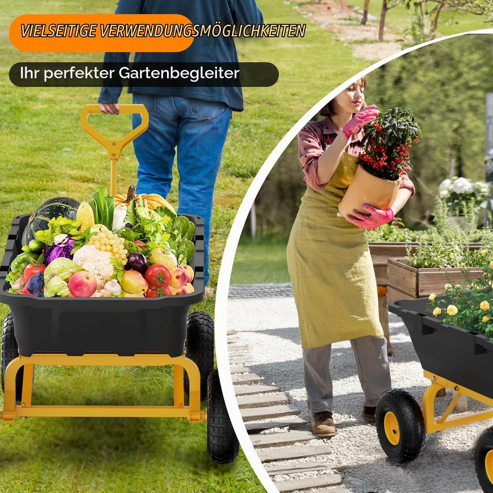 Bonnlo Schubkarre 4 Räder mit Kippfunktion,Schwerlast-Kippwagen, 363 kg Tragfähigkeit, Schnellverschluss-Kippwagen, Gartenwagen für Garten, Hof und Strand,105 * 66 * 82CM,Gelb und Schwarz