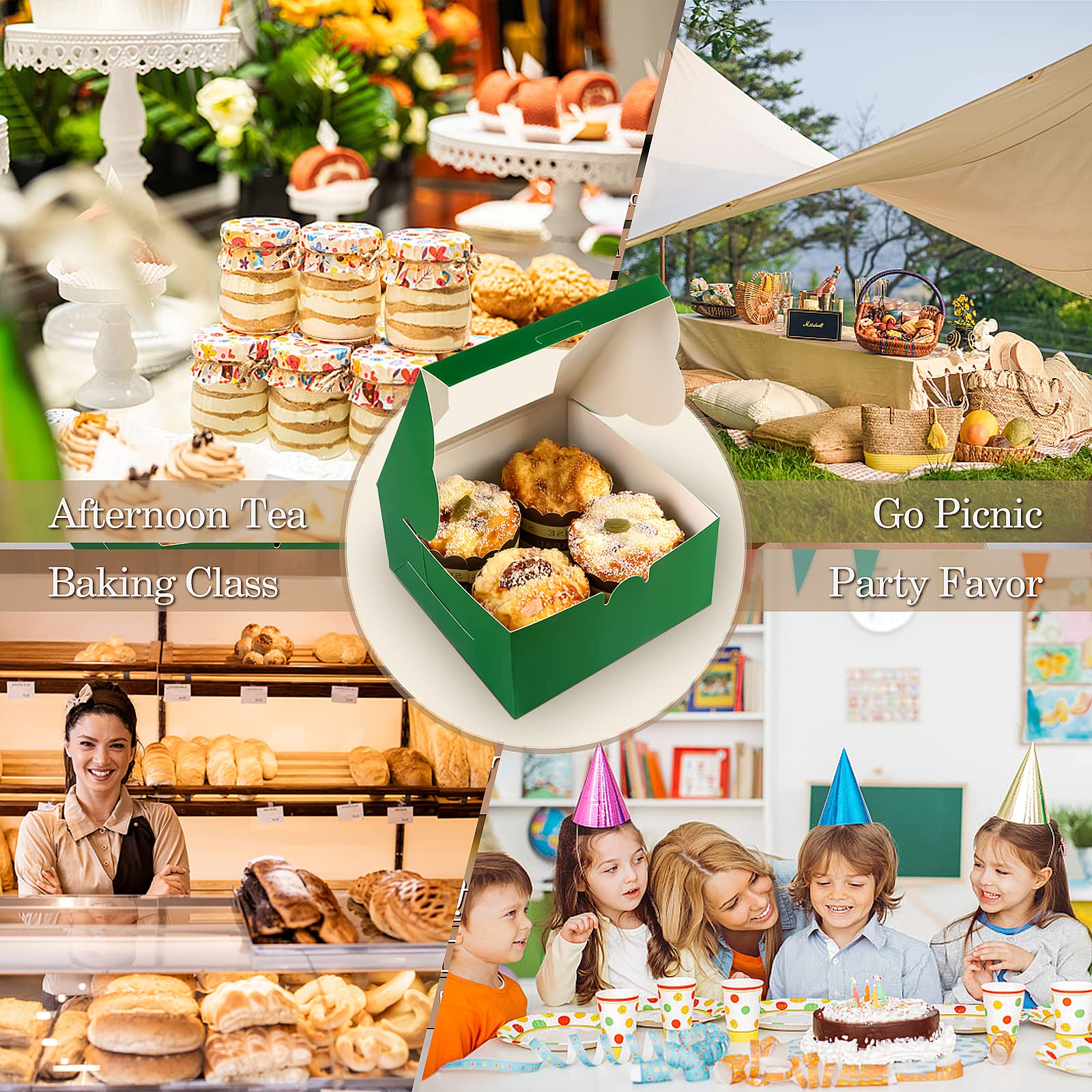 KPOSIYA 65 cajas de panadería con ventana de 6 x 6 x 3 pulgadas, 5 cajas de galletas pequeñas para dulces, postres, pasteles, donas, fiesta de cumpleaños, boda (verde)