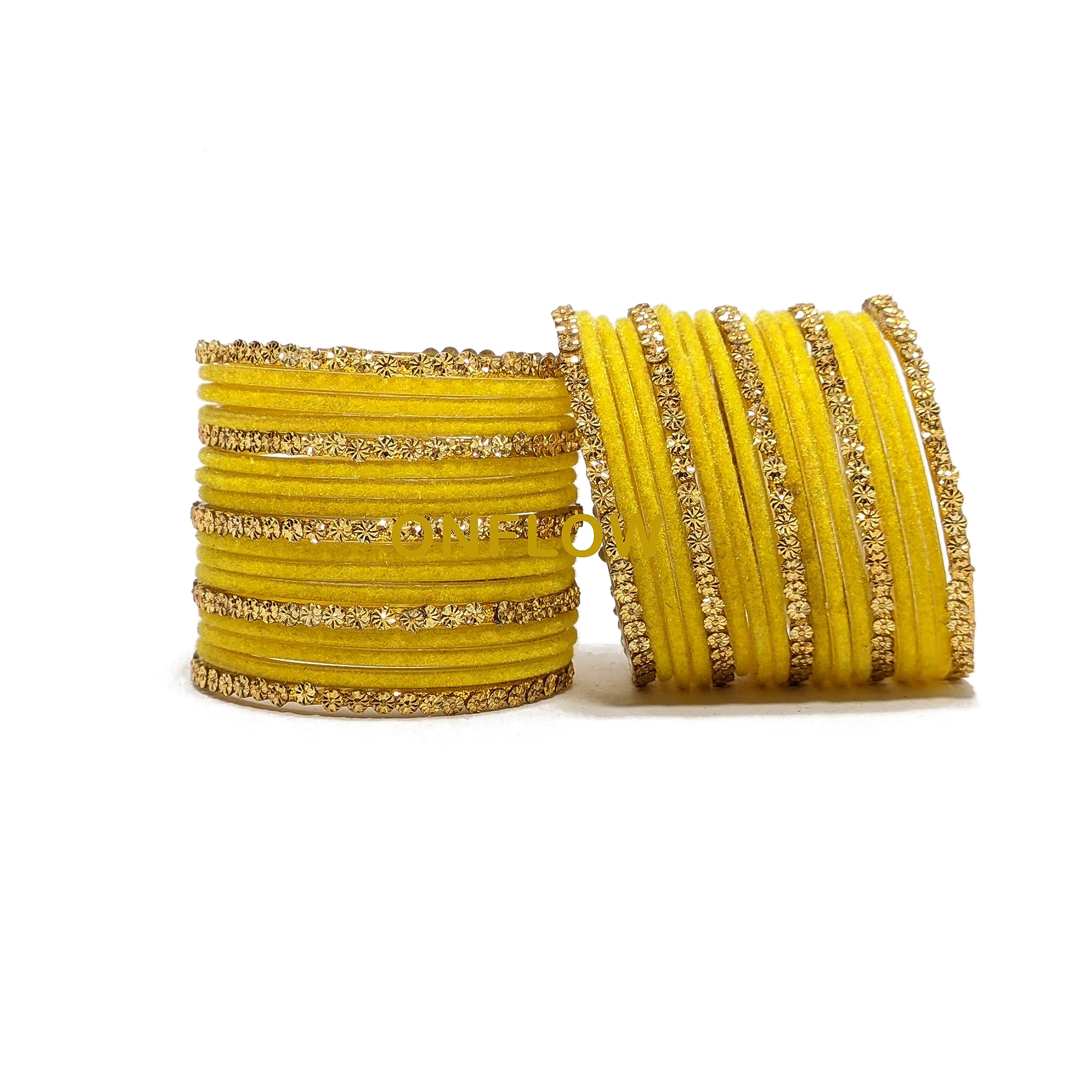 ONFLOW Colorful 34-Piece Glass Bangle Set With 24 Jari Glass Plain Velvet Bangles And 10 Golden Bangles Set,For Women & Girls (Set Of_1) (Yellow Color, 2.8) (B0CD3SH36J) Amazon Price History, Amazon Price Tracker