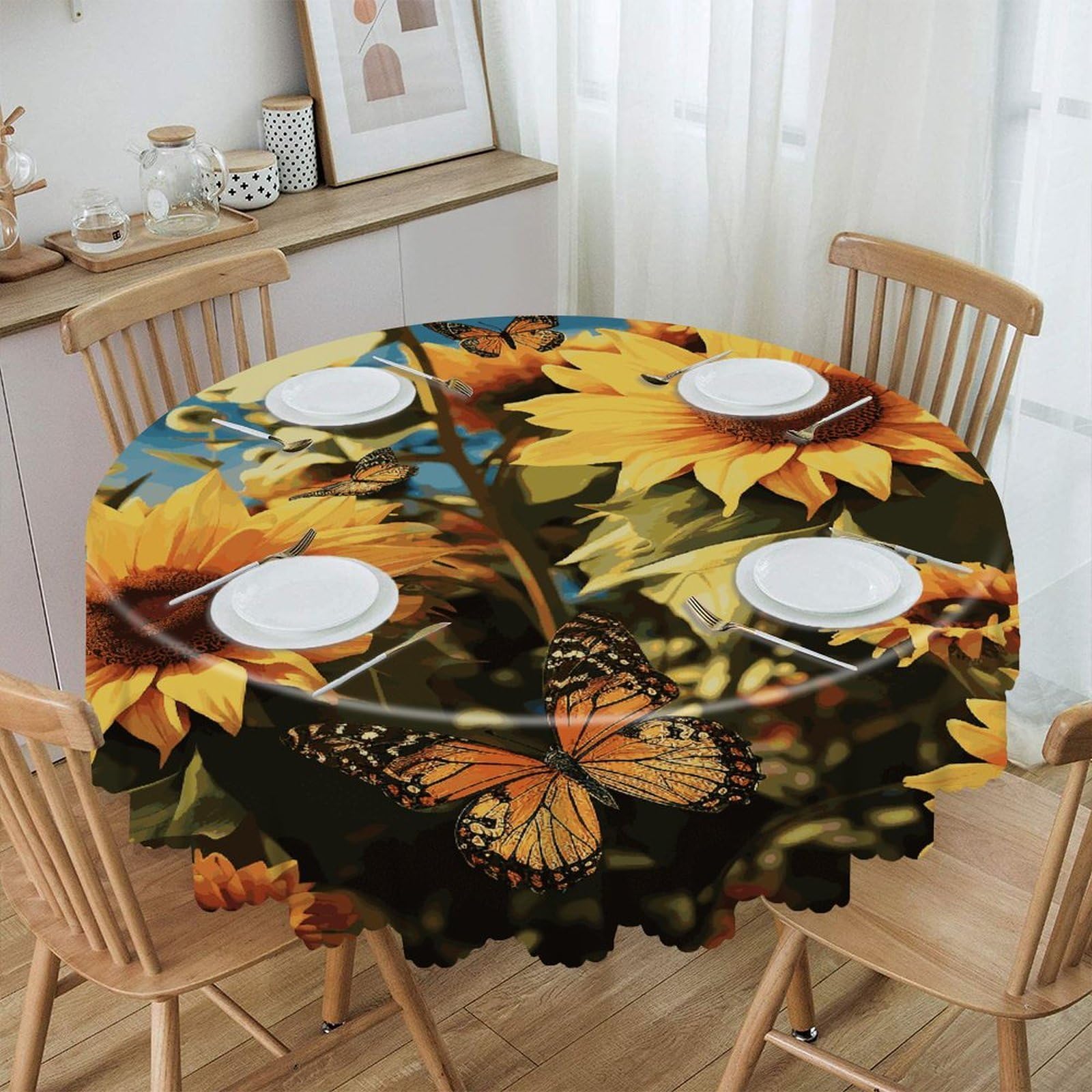 FekiLoot Sunflowers and Butterflies Round Tablecloth Waterproof Spill-Proof Wipeable Table Cloth Wrinkle Free Circle Dining Table Cover for Dining Kitchen Wedding Parties Machine Washable