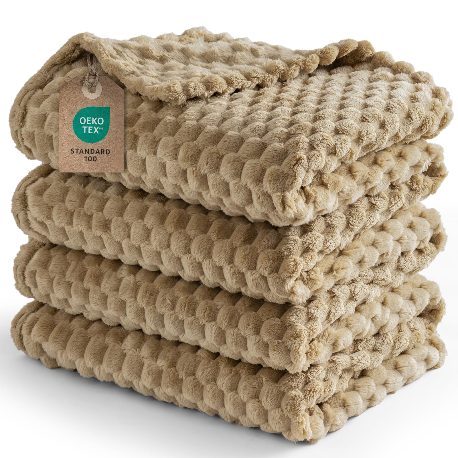 PHF Fleece Blanket King Size 229x229cm, No Shedding No Pilling Soft Lightweight 3D Jacquard Sherpa Fleece Throw Blanket for Bed, Fluffy Cozy All Season King Blanket, Jacquard Camel/Light Khaki โ image 1