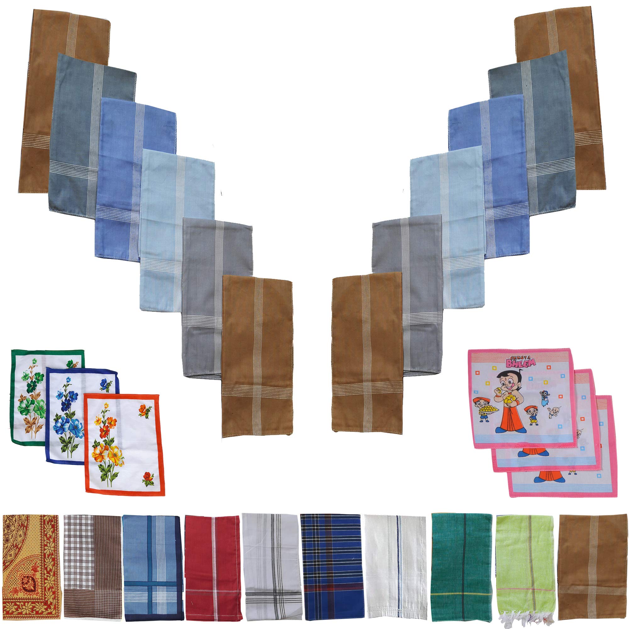SAI PRASEEDA 100% Pure Soft Cotton Hand Kerchief_Hanky Multi Color Pack of 12 with Free 3 Ladies Kerchief_3 Kids Kerchief SP2-picture-25
