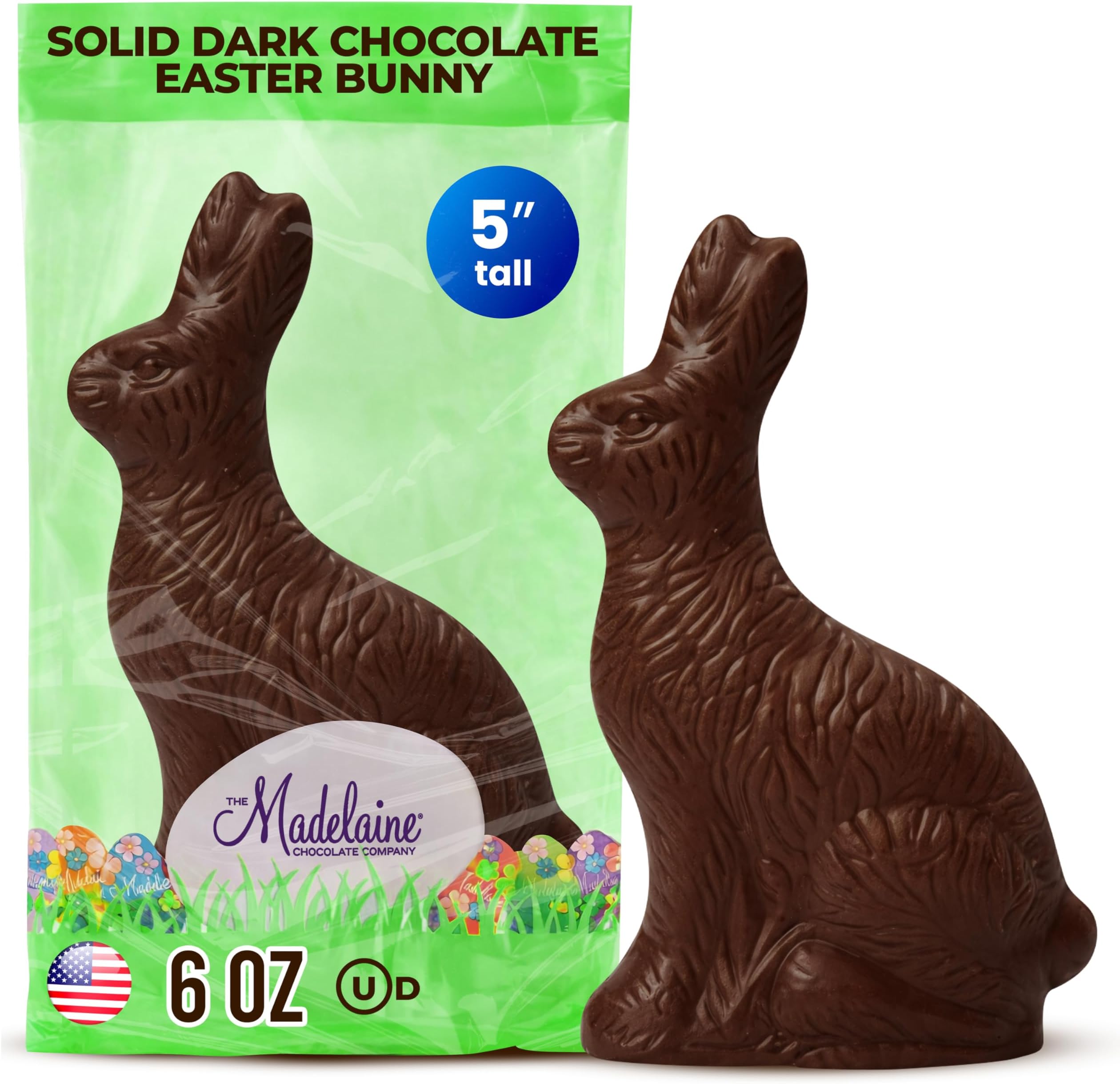 Madelaine Solid Premium Dark Chocolate Easter Bunny in Cellophane Bag - 6 OZ, Perfect for Easter Basket Stuffers, Gifts, and Party Favors