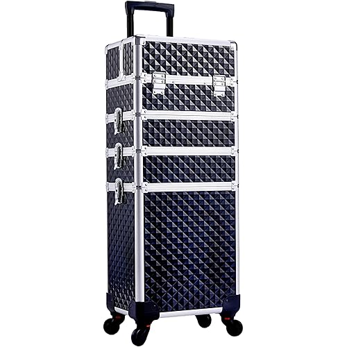 Adazzo 4 in 1 Rolling Makeup Case Cosmetic Train Case Trolley Roll Travel Box for Makeup Artist, Hairstylists, Nail Tech Makeup Cart with Key Swivel Wheels Barber Case Traveling Trunk Black