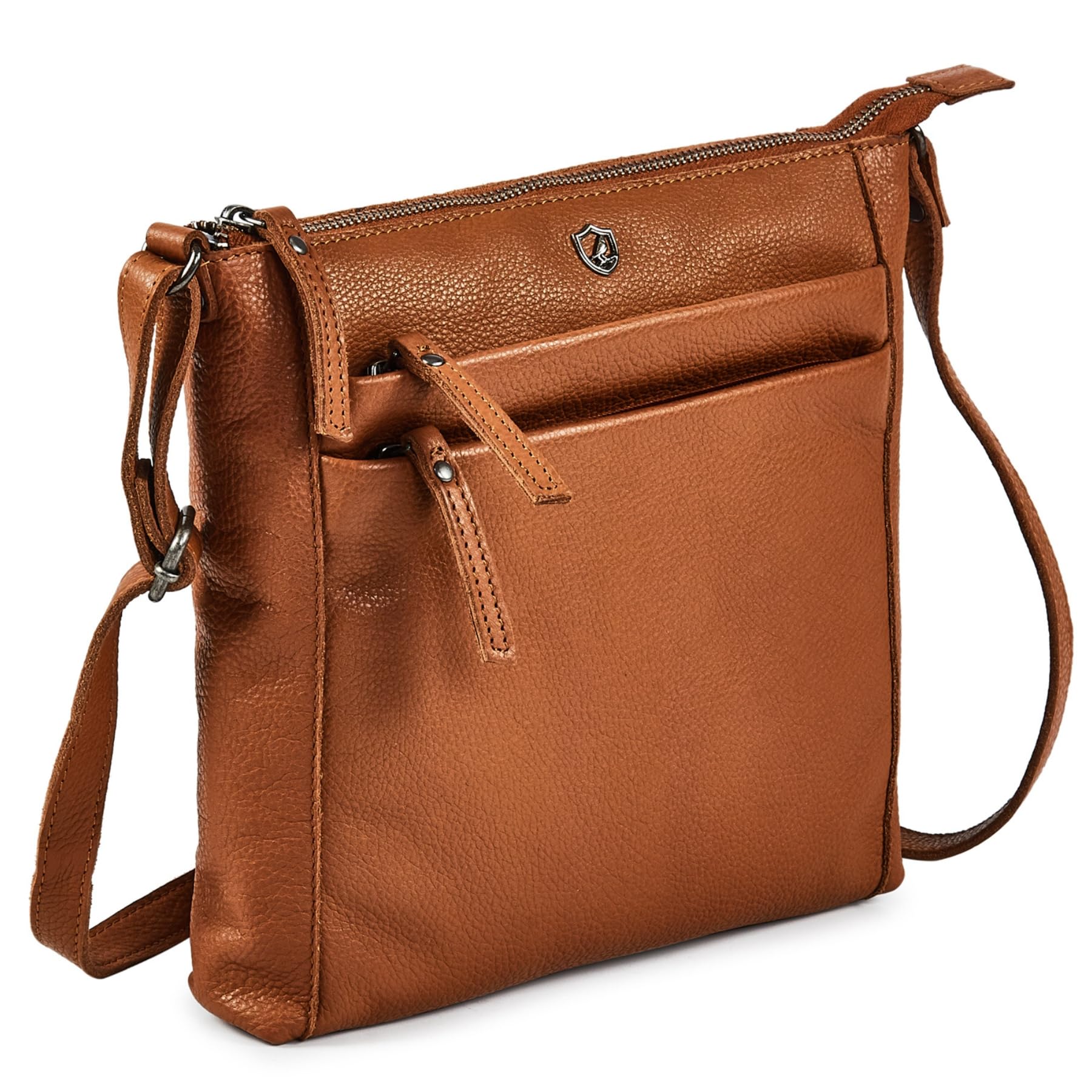 Cochoa Small Soft Pebbled Real Leather Women Crossbody Handbags & Purses - Triple Zip Premium Sling Crossover Shoulder Bag, Cognac Nappa, 9.25" x 10" x 1.75"