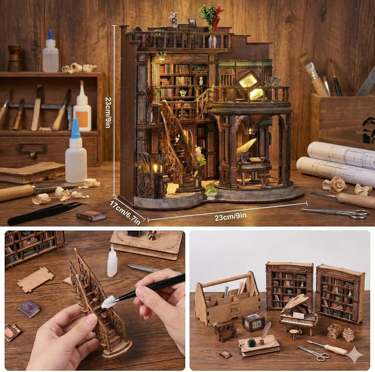 Dreamy Book Hall Book Nook Kit – DIY 3D Wooden Bookshelf Insert with LED Lights, 888-Piece Miniature Puzzle for Adults & Teens