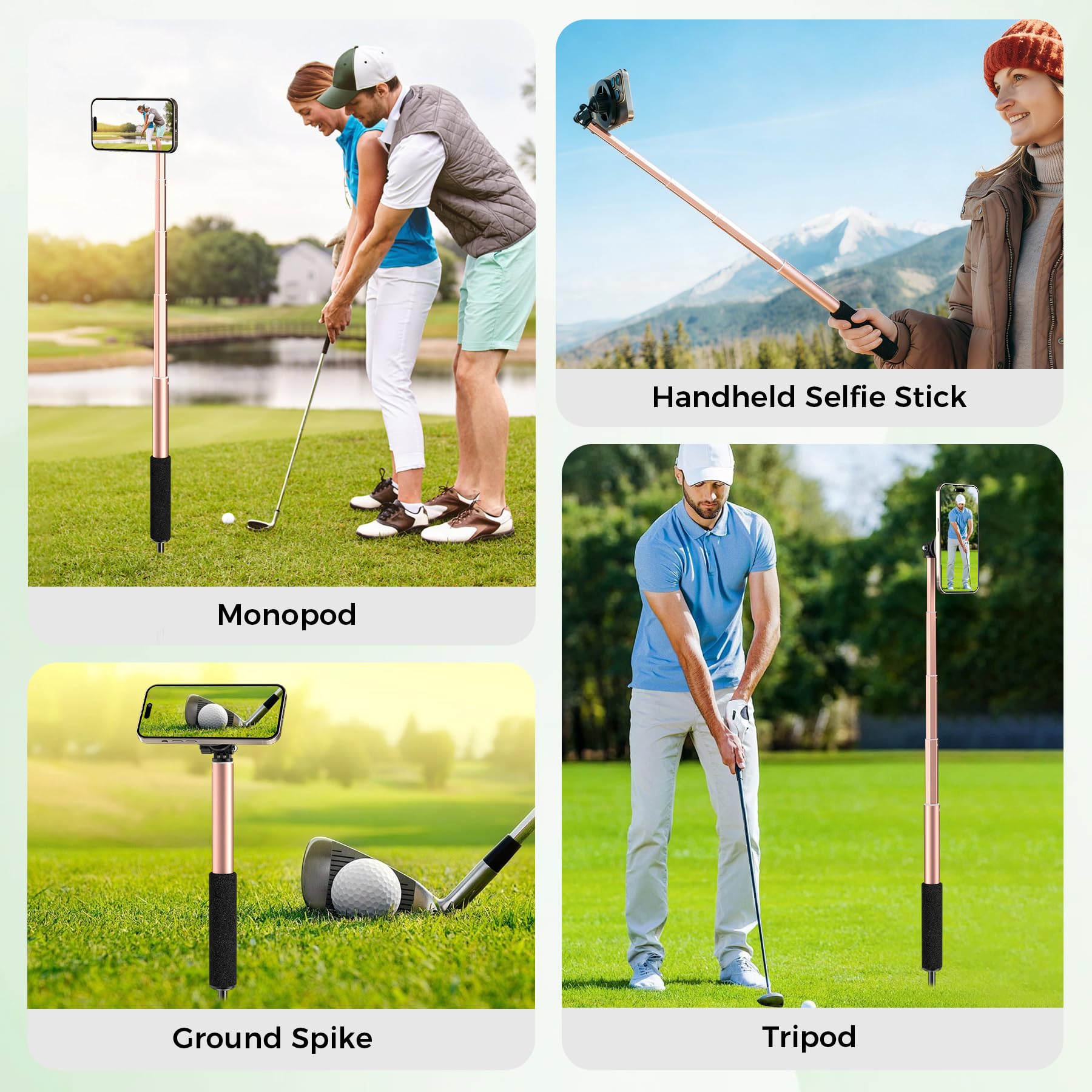 Perche à selfie de golf avec piquet et trépied, support magnétique MagSafe pour téléphone, rotation à 360°, perche réglable de 73 à 119,4 cm pour enregistrement de swing, entraînement de